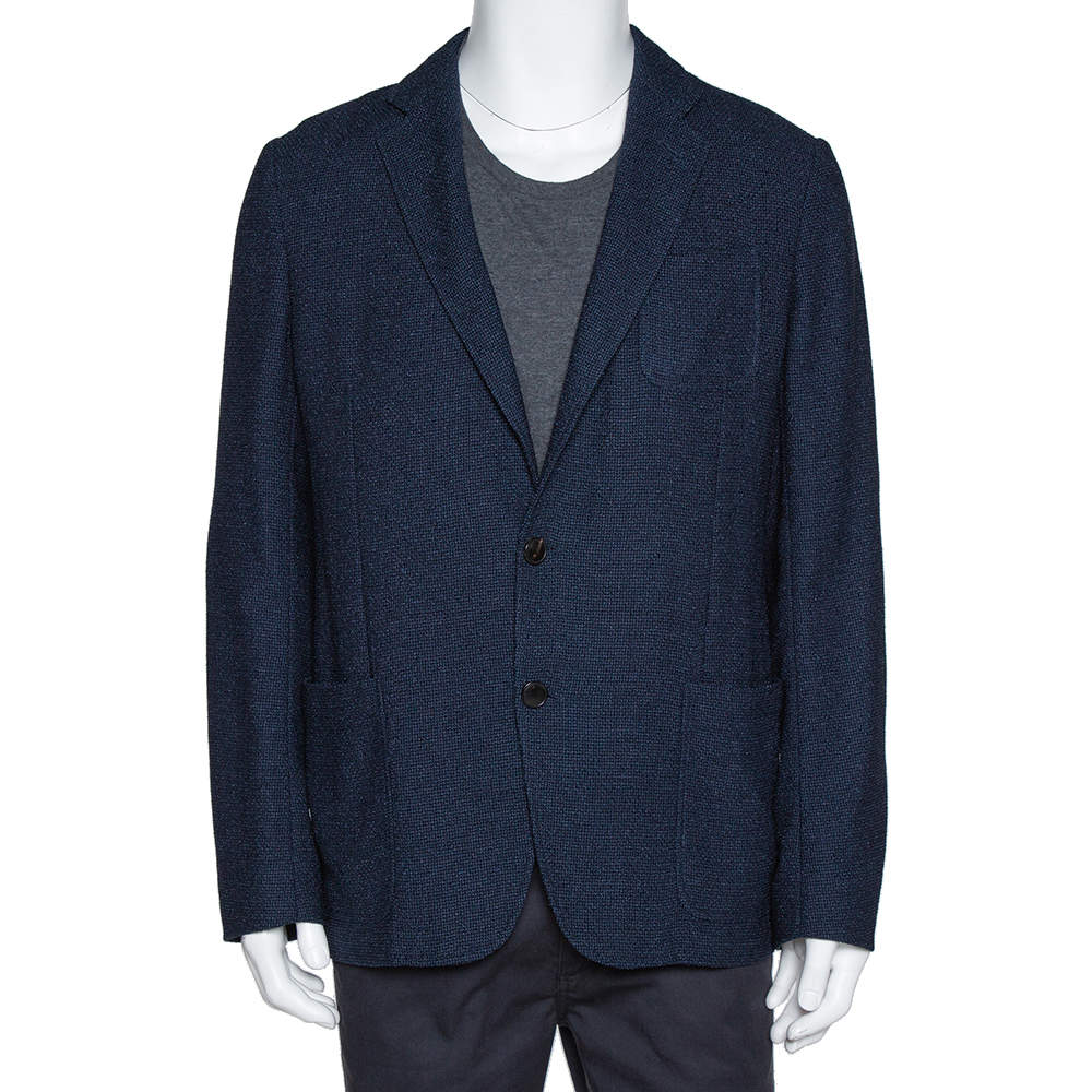 Pre Owned Armani Collezioni Navy Blue Textured Wool Blend Jacket XL
