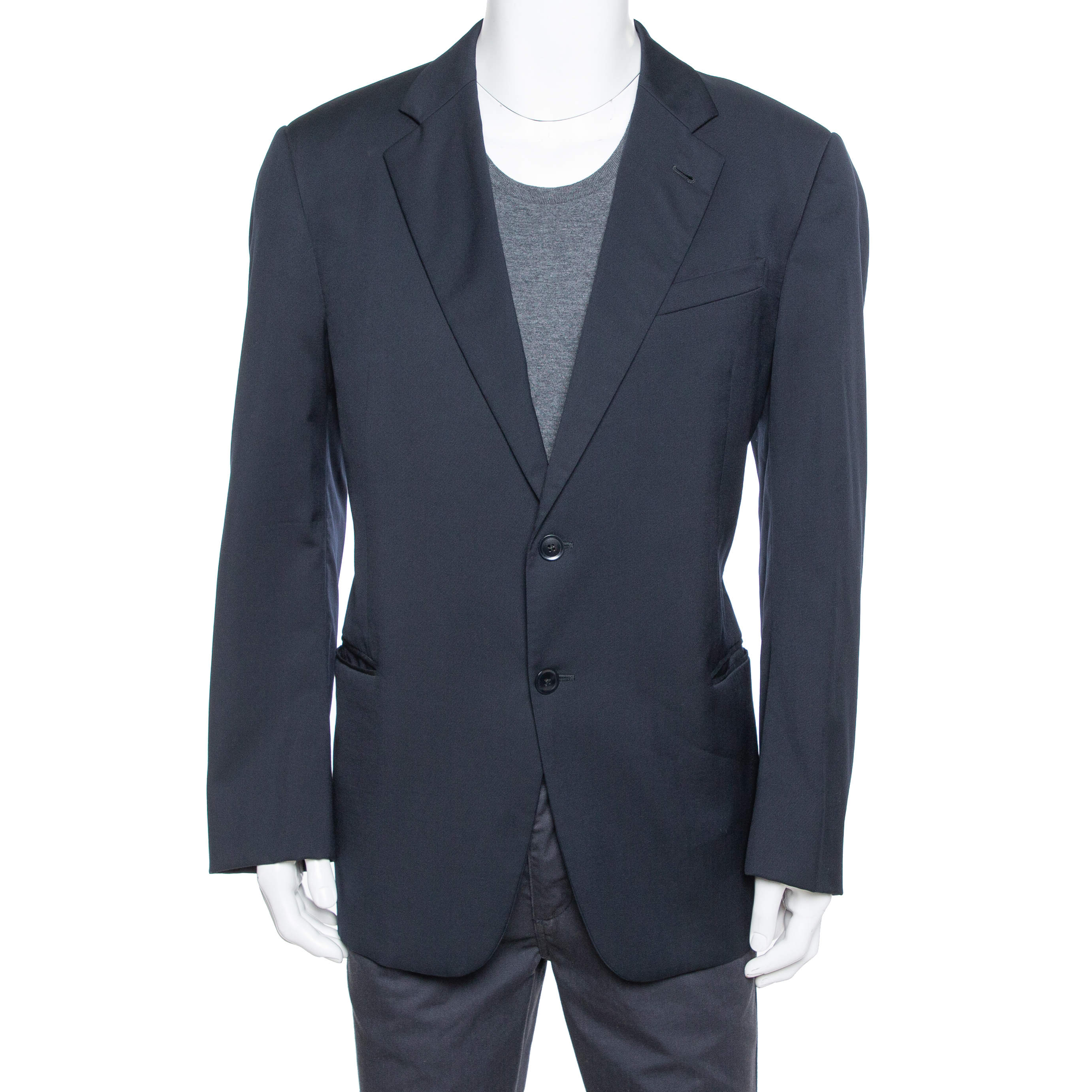 Pre Owned Armani Collezioni Navy Blue Wool Button Front Classic Blazer 3XL
