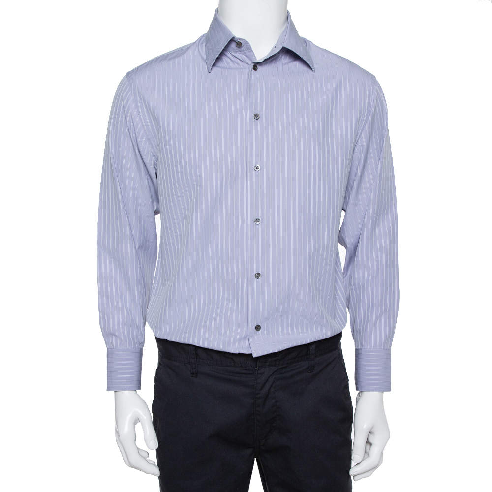 Pre Owned Armani Collezioni Lilac Striped Cotton Button Front Shirt L