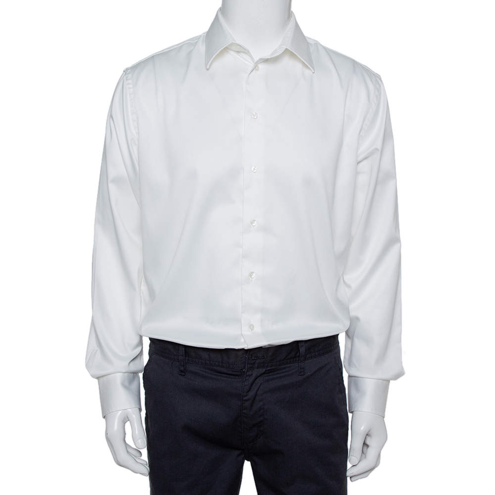 Armani Collezioni White Cotton Twill Button Front Modern Fit Shirt XL