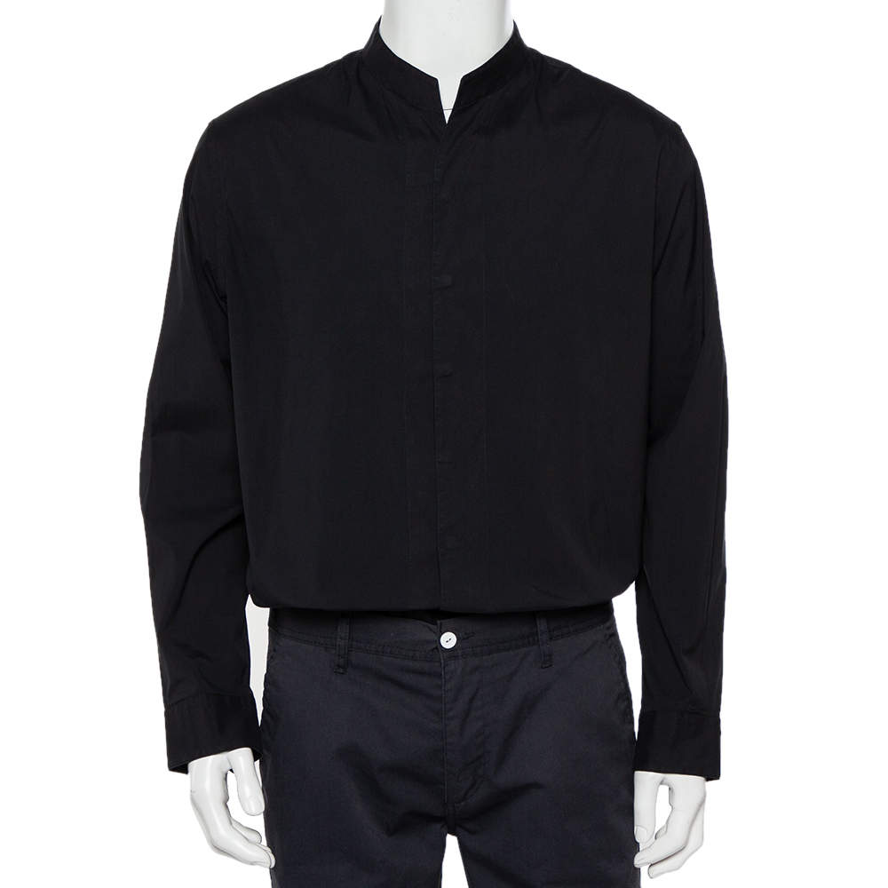 Armani Collezioni Black Cotton Stand Collar Shirt XL