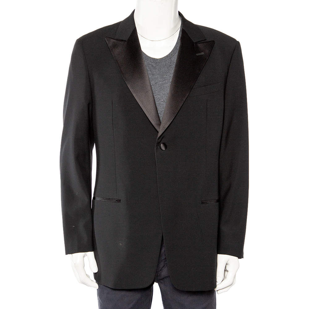 Pre Owned Armani Collezioni Navy Blue Wool Satin Trim Button Front Blazer XXL