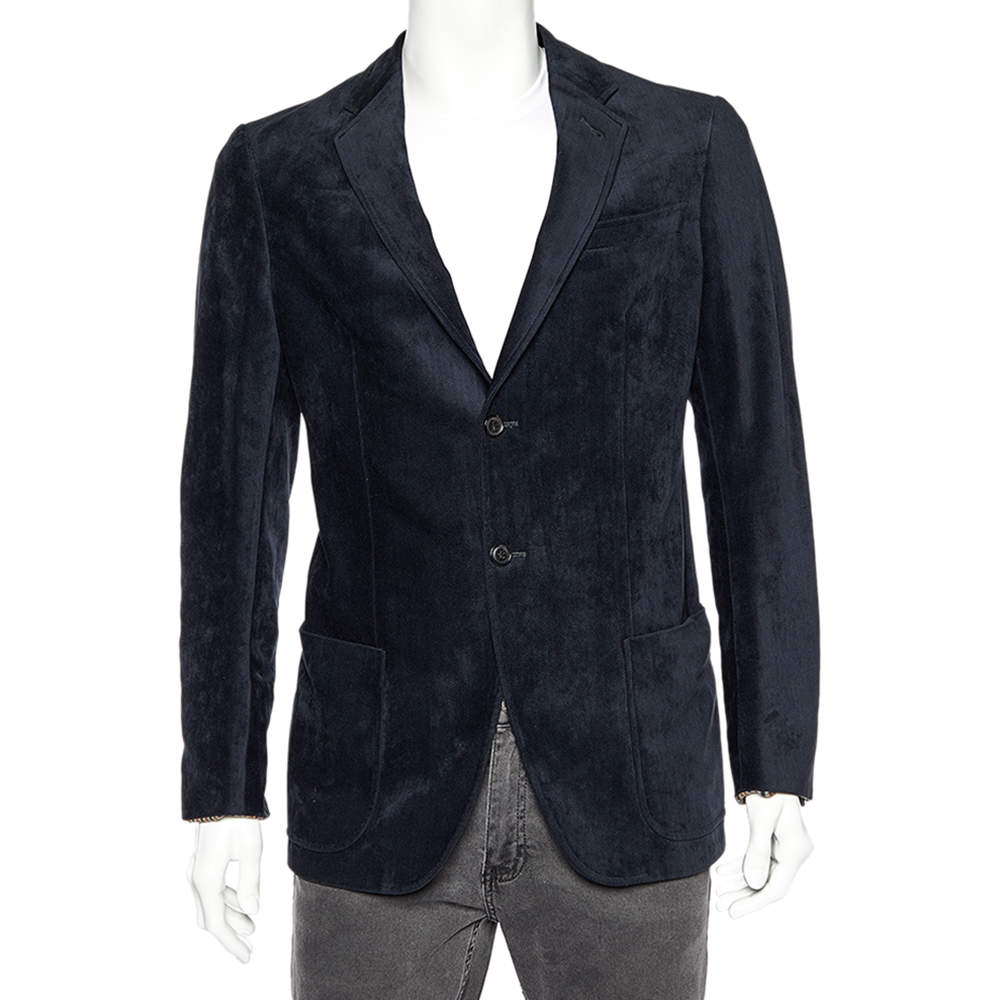 مملوكة مسبقًا Armani Collezioni Navy Blue Patterned Velour Button Front Blazer M