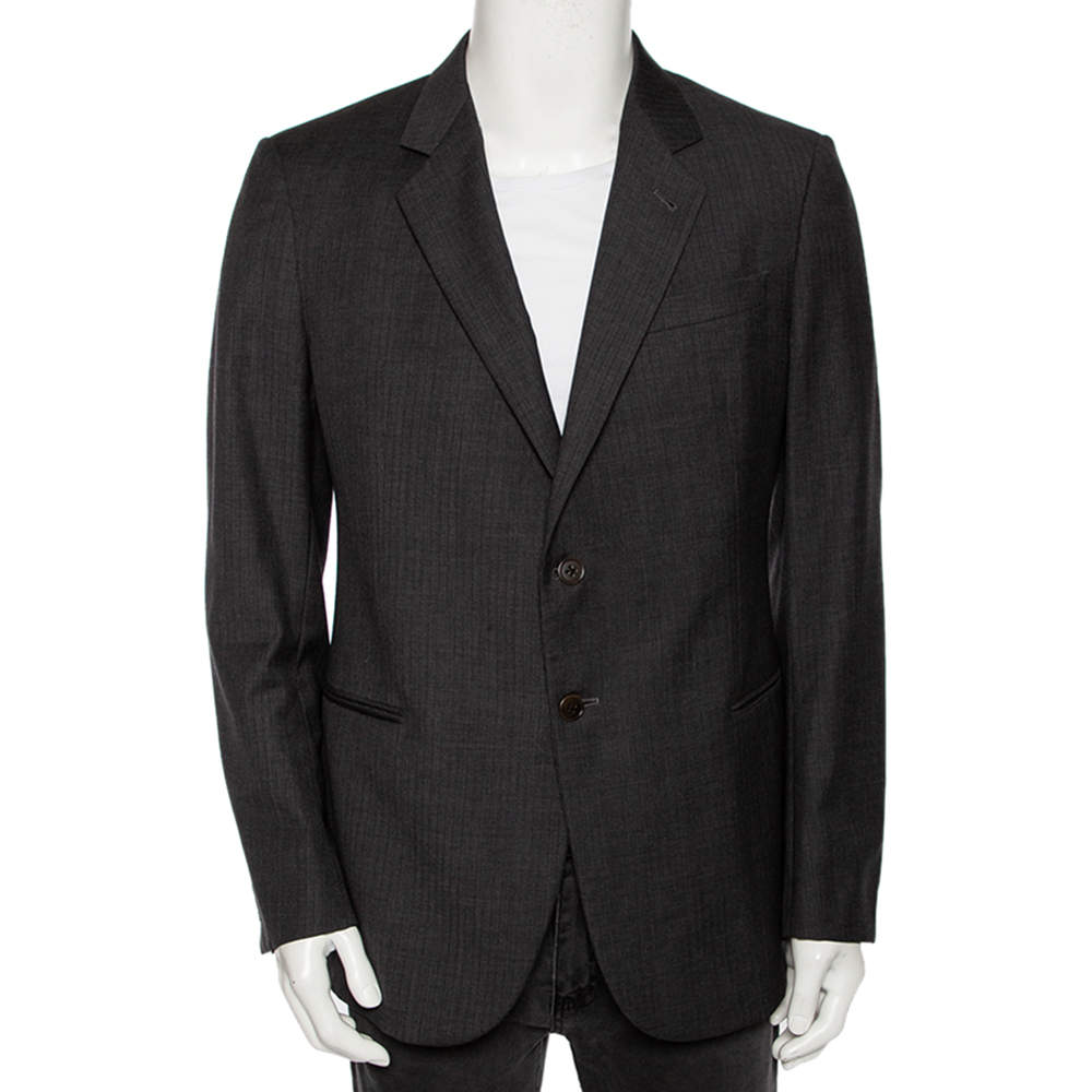 Armani Collezioni Charcoal Grey Striped Wool Button Front Blazer XL