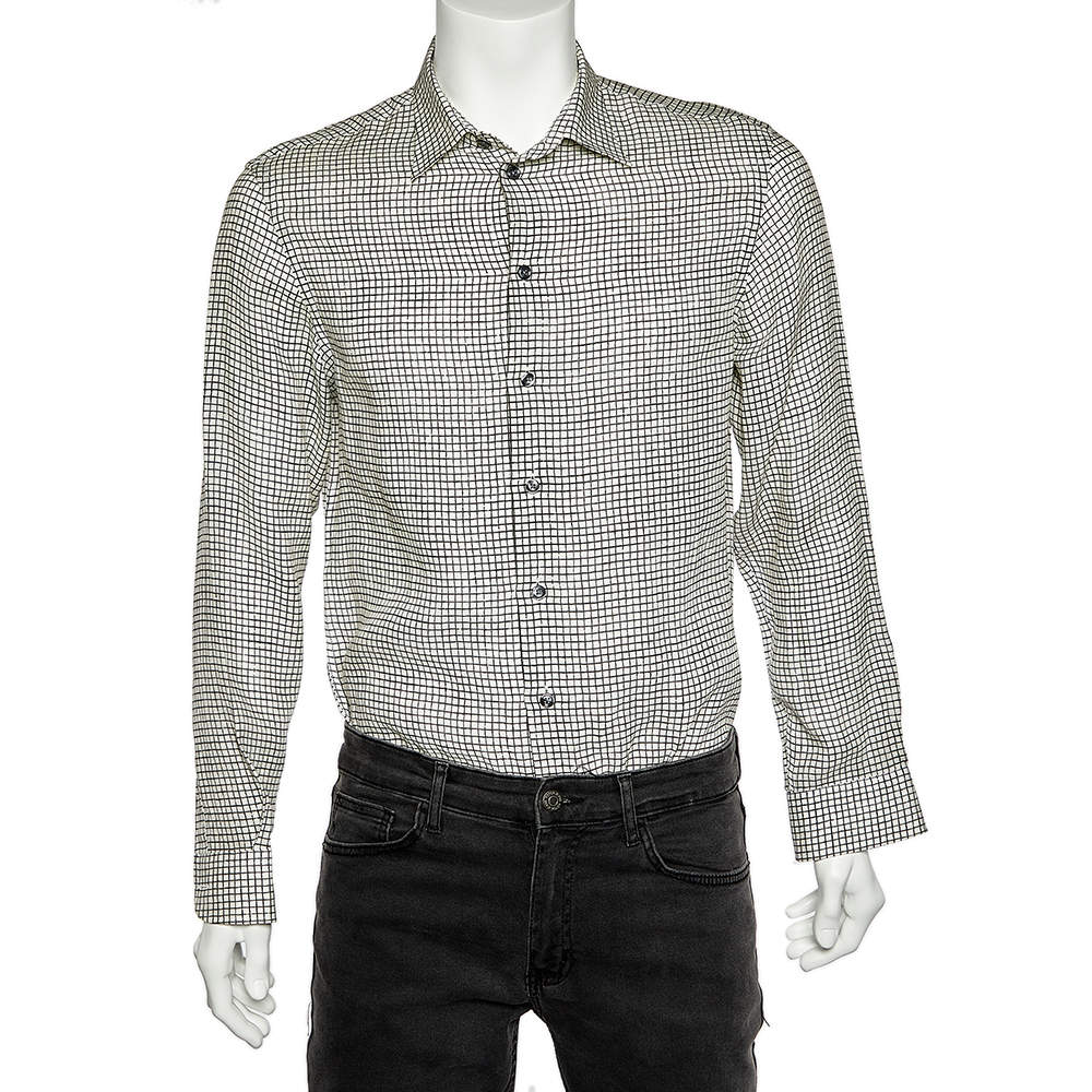 Pre Owned Armani Collezioni White Square Printed Linen Button Front Shirt M