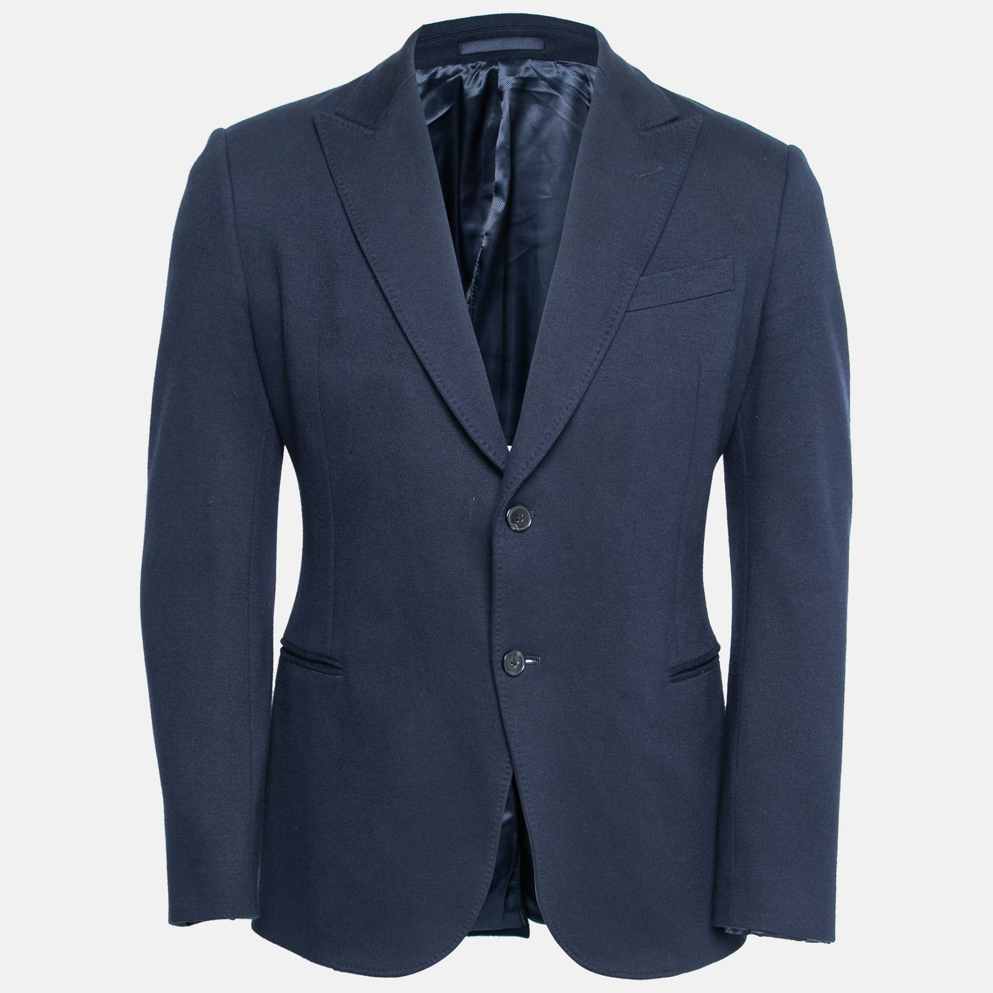 Pre Owned Armani Collezioni Navy Blue Stretch Knit Single-Breasted Blazer M