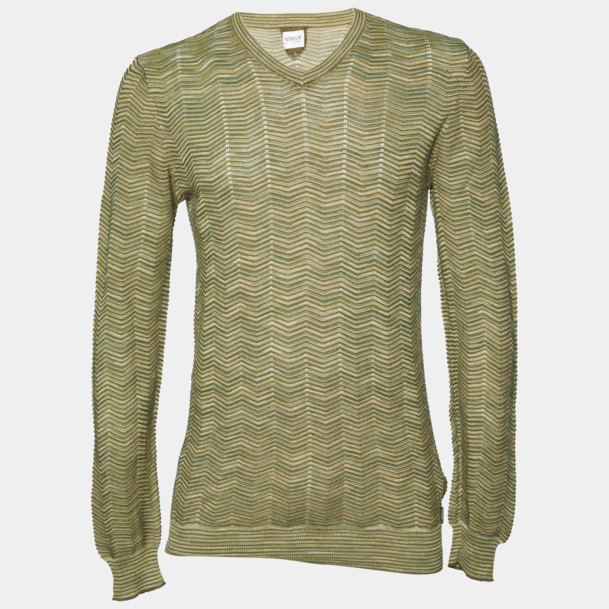 Armani Collezioni Green  Patterned Cotton Knit V-Neck Sweater 3XL