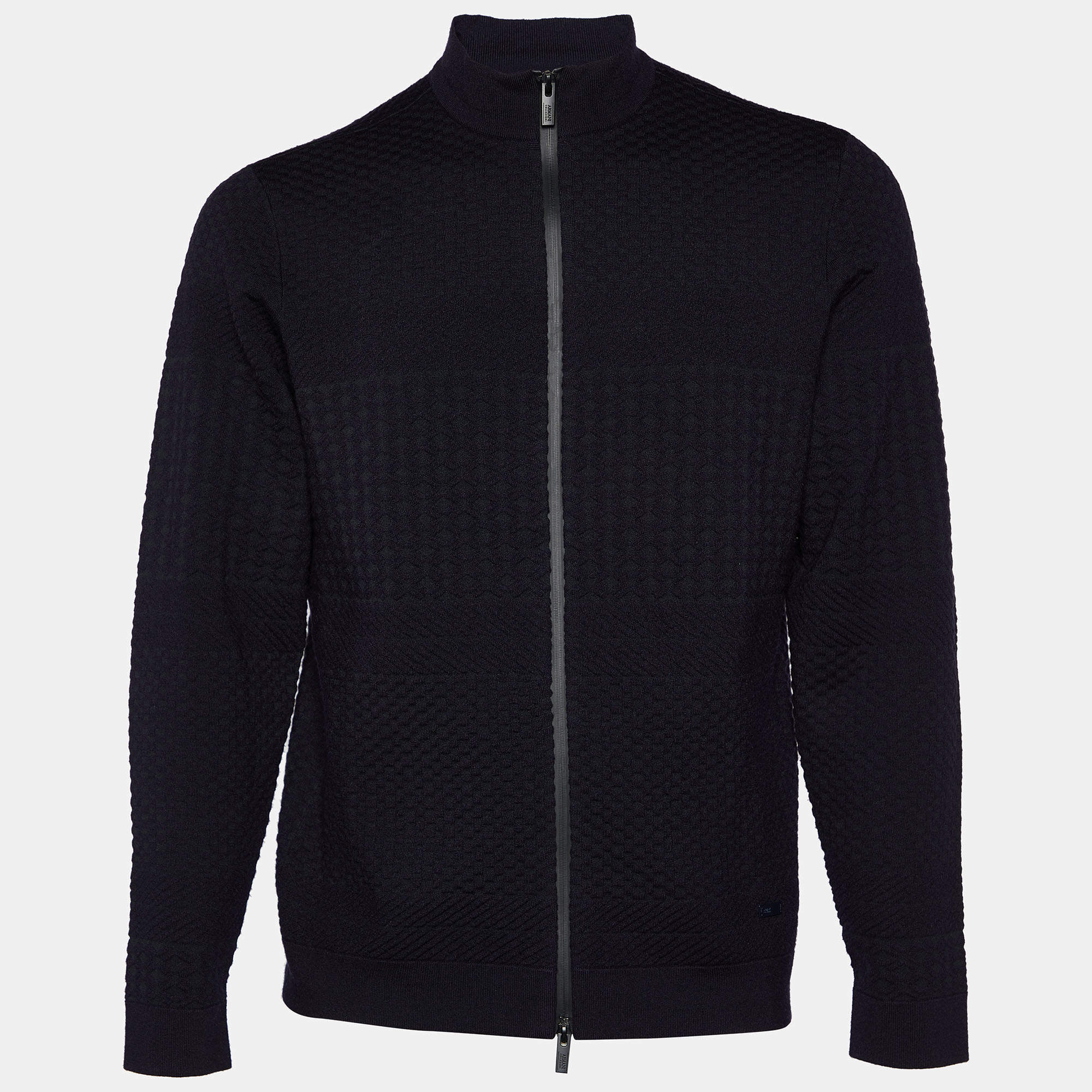 Pre Owned Armani Collezioni Navy Blue textured Wool Knit Jacket XL