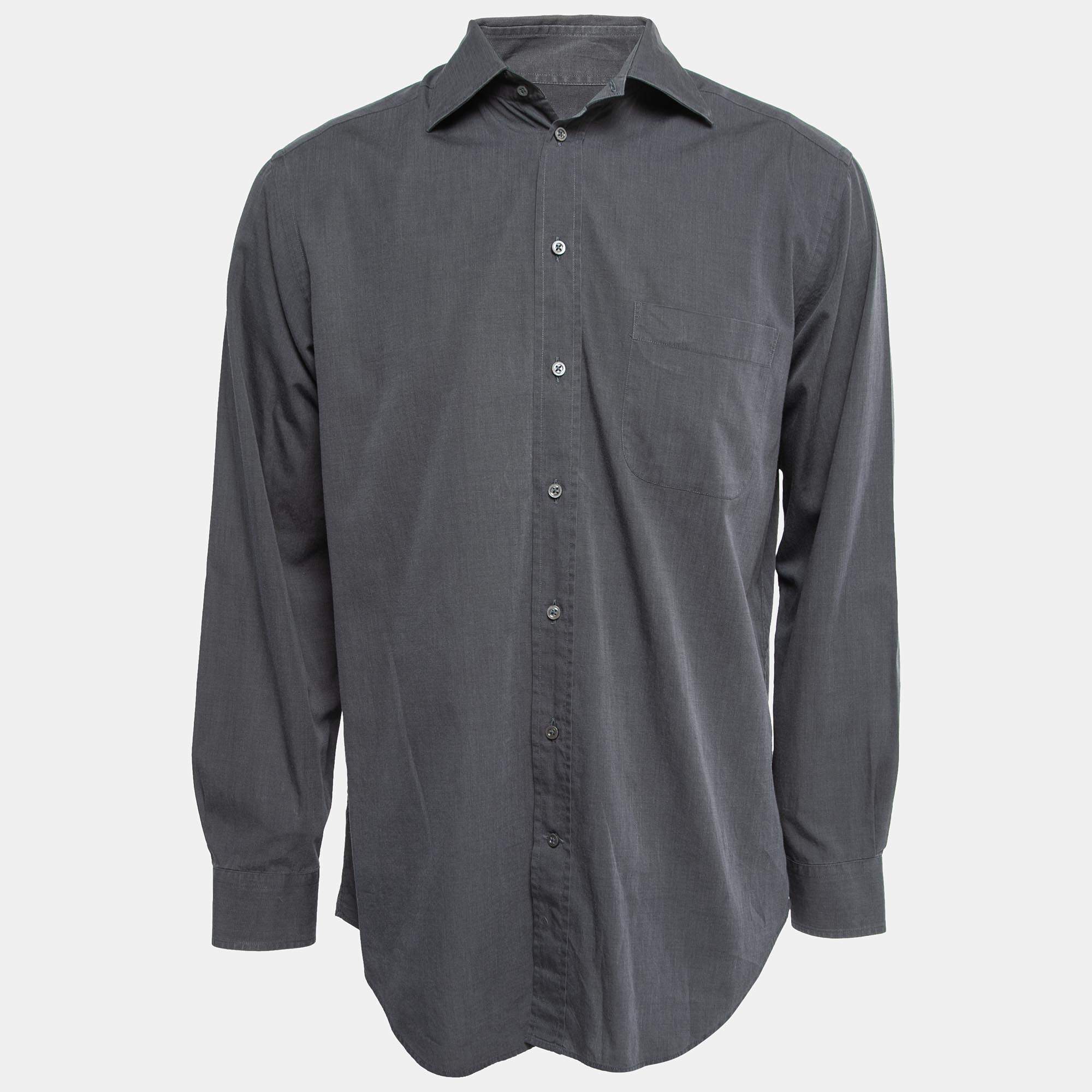 Pre Owned Armani Collezioni Grey Cotton Button Front Full Sleeve Shirt L
