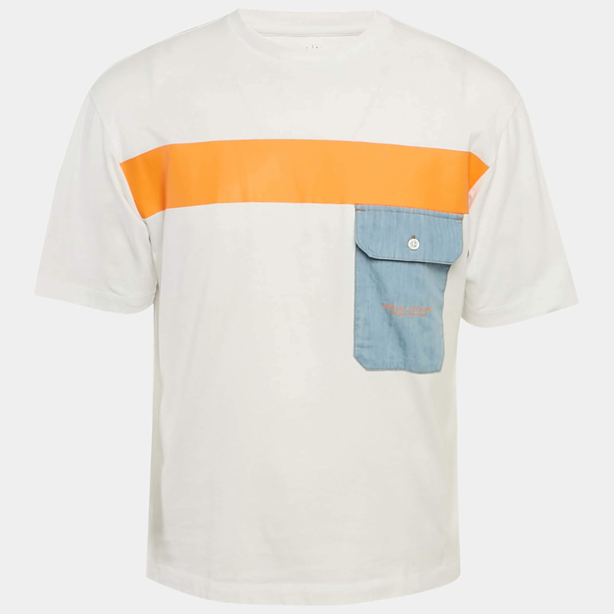 Pre Owned Armani Exchange White Cotton Knit Contrast Detail Oversized T-Shirt S