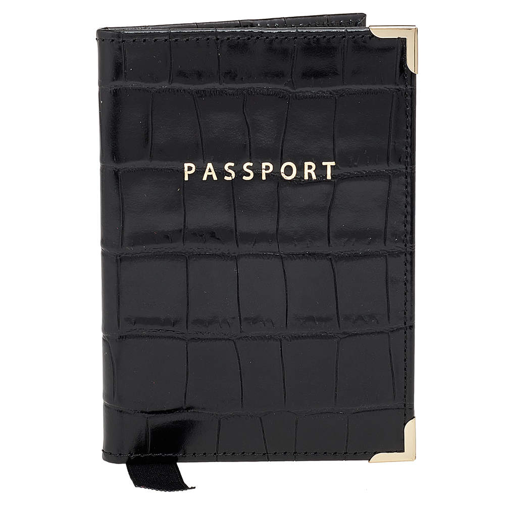Aspinal Black Croc Embossed Leather Passport Cover 