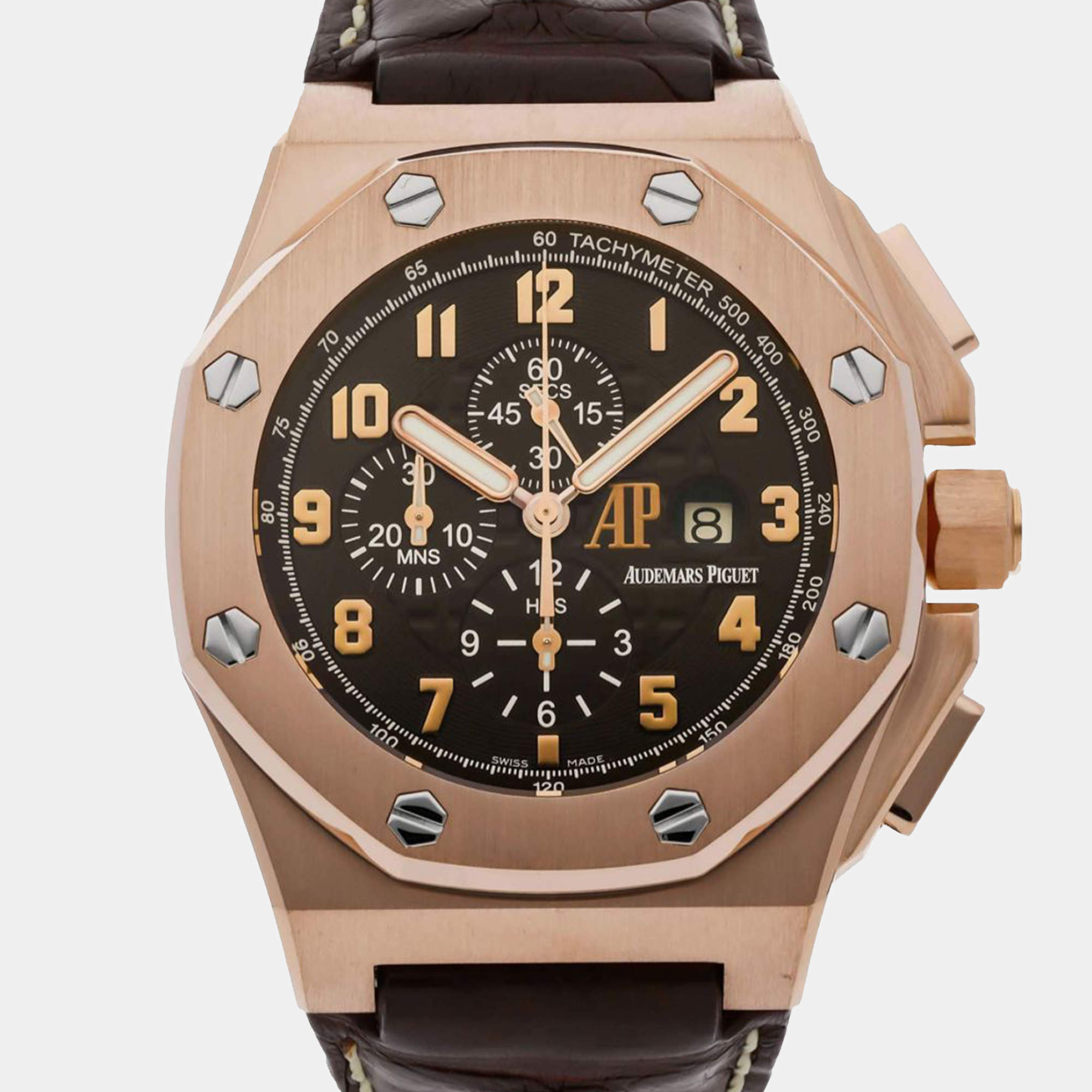 Pre Owned Audemars Piguet Brown 18k Rose Gold Crocodile Royal Oak Offshore 26158OR.OO.A801CR.01 Men's Wristwatch 48 mm