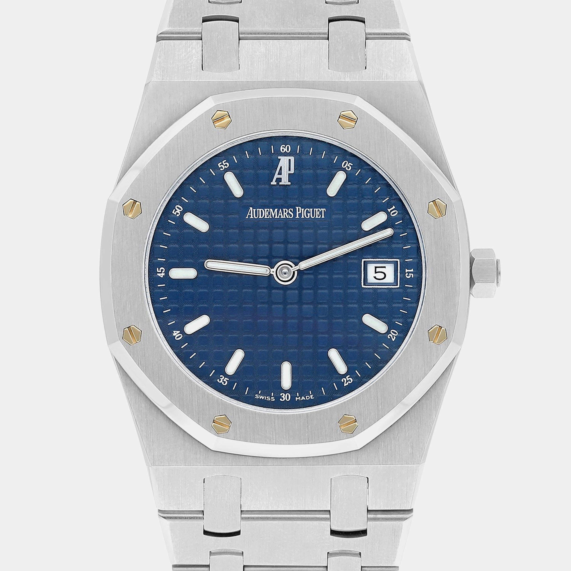 Pre Owned ساعة يد رجالية أوديمار بيغيه رويال أوك كوارتز زرقاء ستانلس س�تيل 33 مم