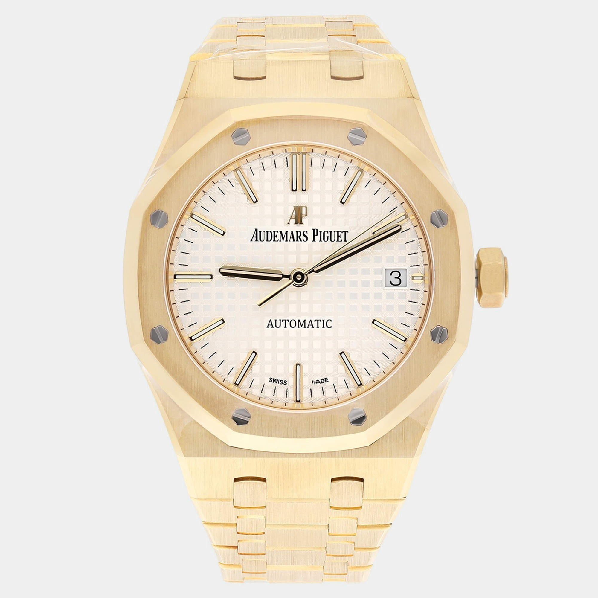 Pre Owned Audemars Piguet Royal Oak 15450BA.OO.1256BA.01 Automatic White 18k Yellow Gold Men's Wristwatch 37 mm