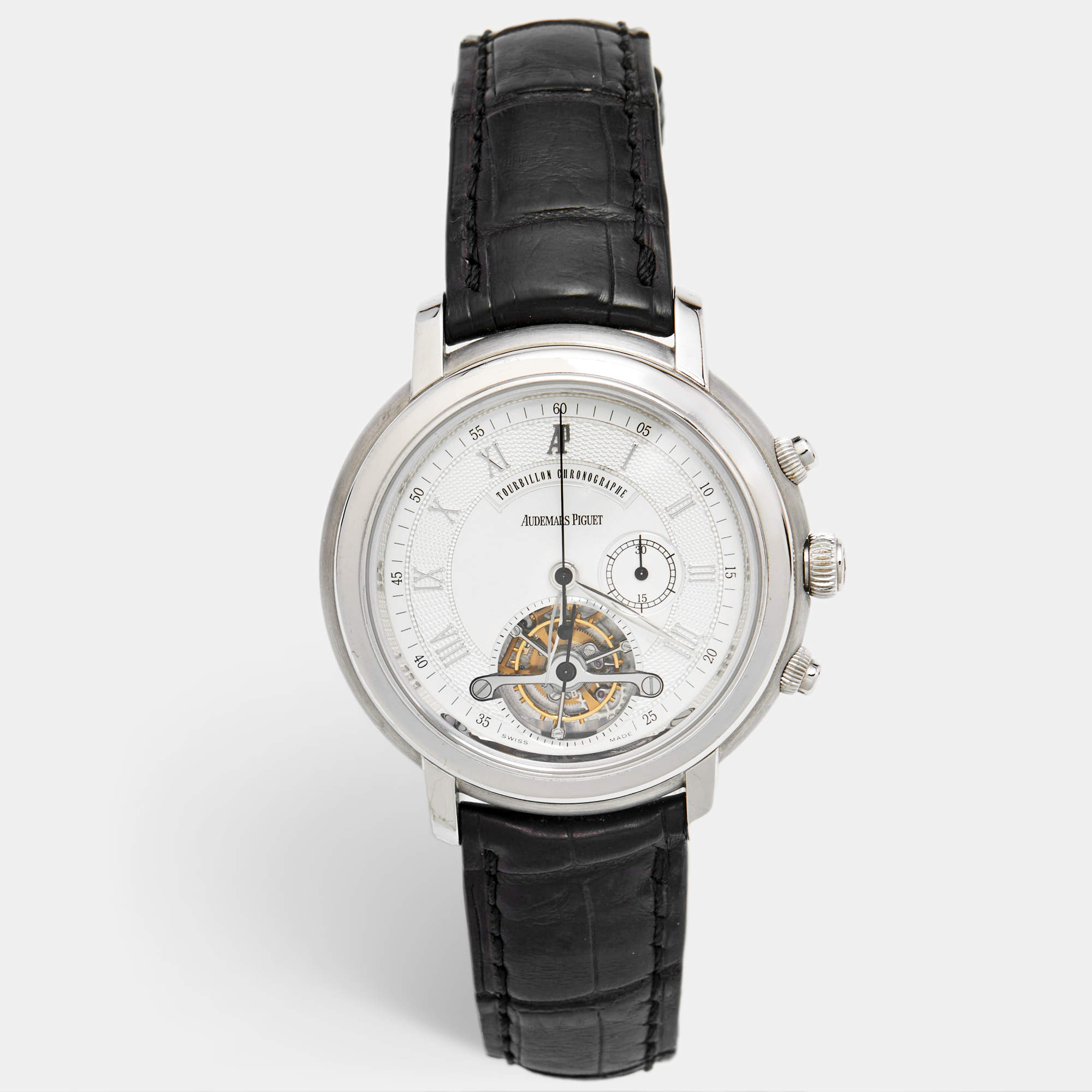 Pre Owned Audemars Piguet Silver Dial 18K White Gold Crocodile Leather Jules Audemars Tourbillon Chronograph 25909BA.00.D002CR.03 Men's Wristwatch 43 mm