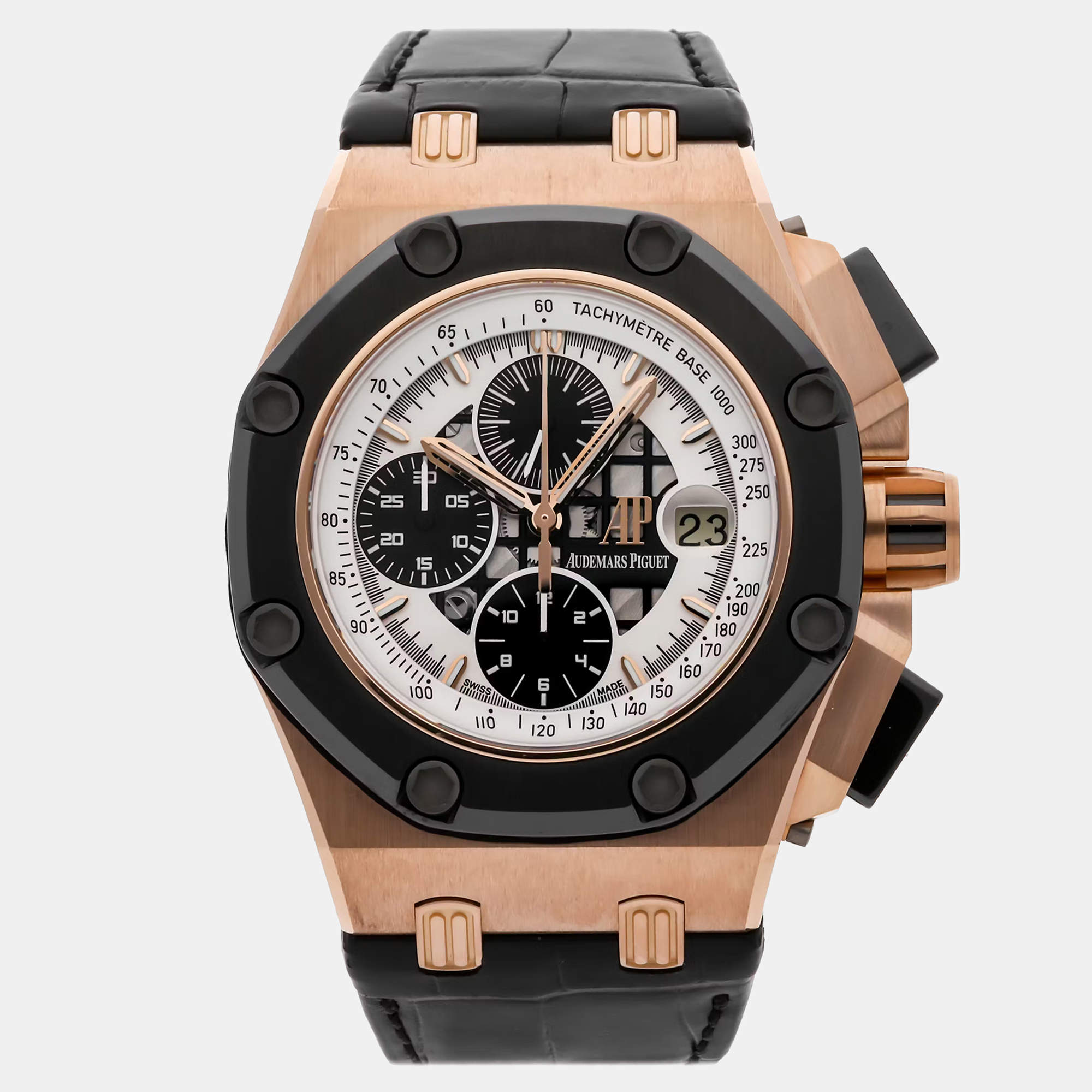 مملوكة مسبقًا Pre-Owned Audemars Piguet Royal Oak Offshore Rubens Barrichello Limited Edition Chronograph 26078RO.OO.D002CR.01 Black/White Automatic 18k Rose Gold Men's Wristwatch 44 MM