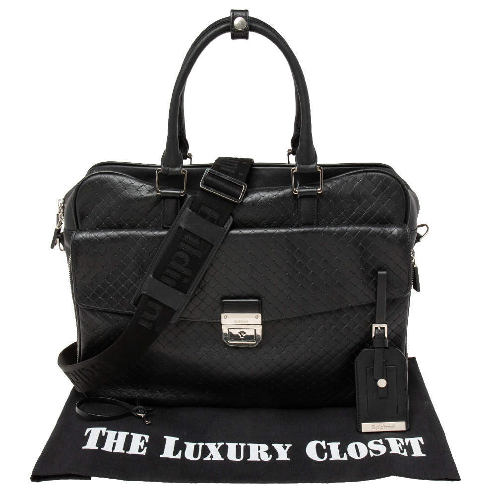 Pre Owned Baldinini Black Woven Embossed Leather Lock Laptop Briefcase 