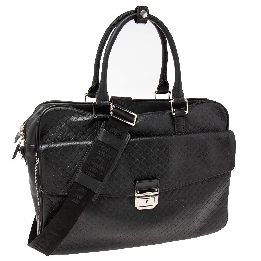 Pre Owned Baldinini Black Woven Embossed Leather Lock Laptop Briefcase 