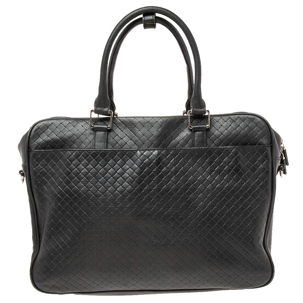 Pre Owned Baldinini Black Woven Embossed Leather Lock Laptop Briefcase 