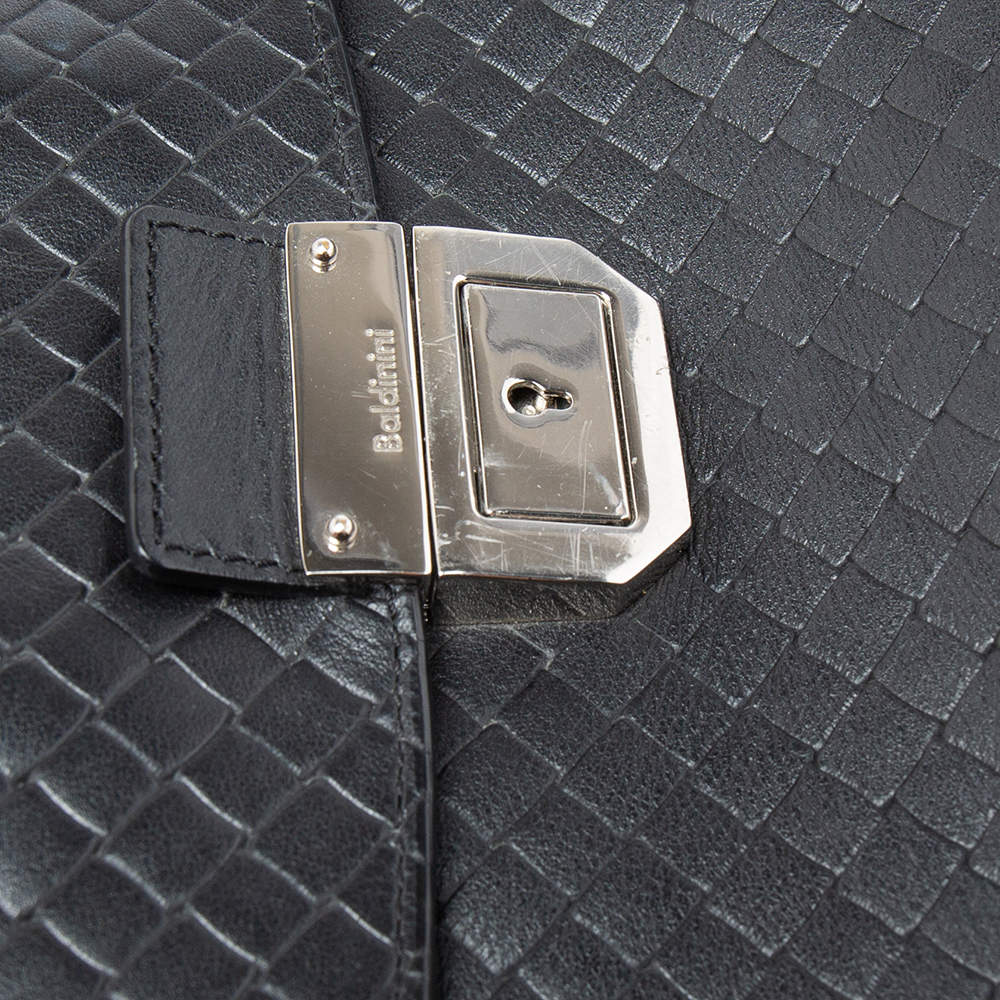 Pre Owned Baldinini Black Woven Embossed Leather Lock Laptop Briefcase 