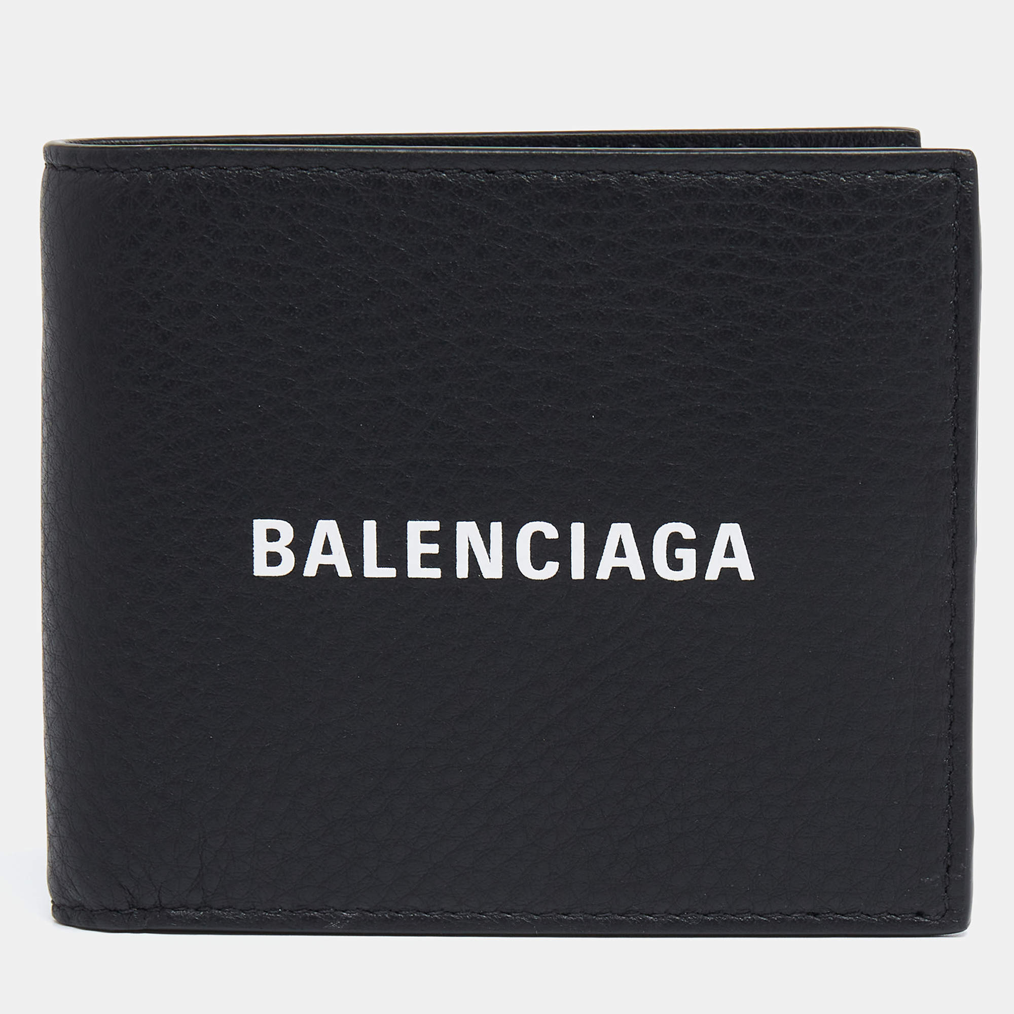 Pre Owned Balenciaga Black Leather Logo Bifold Wallet