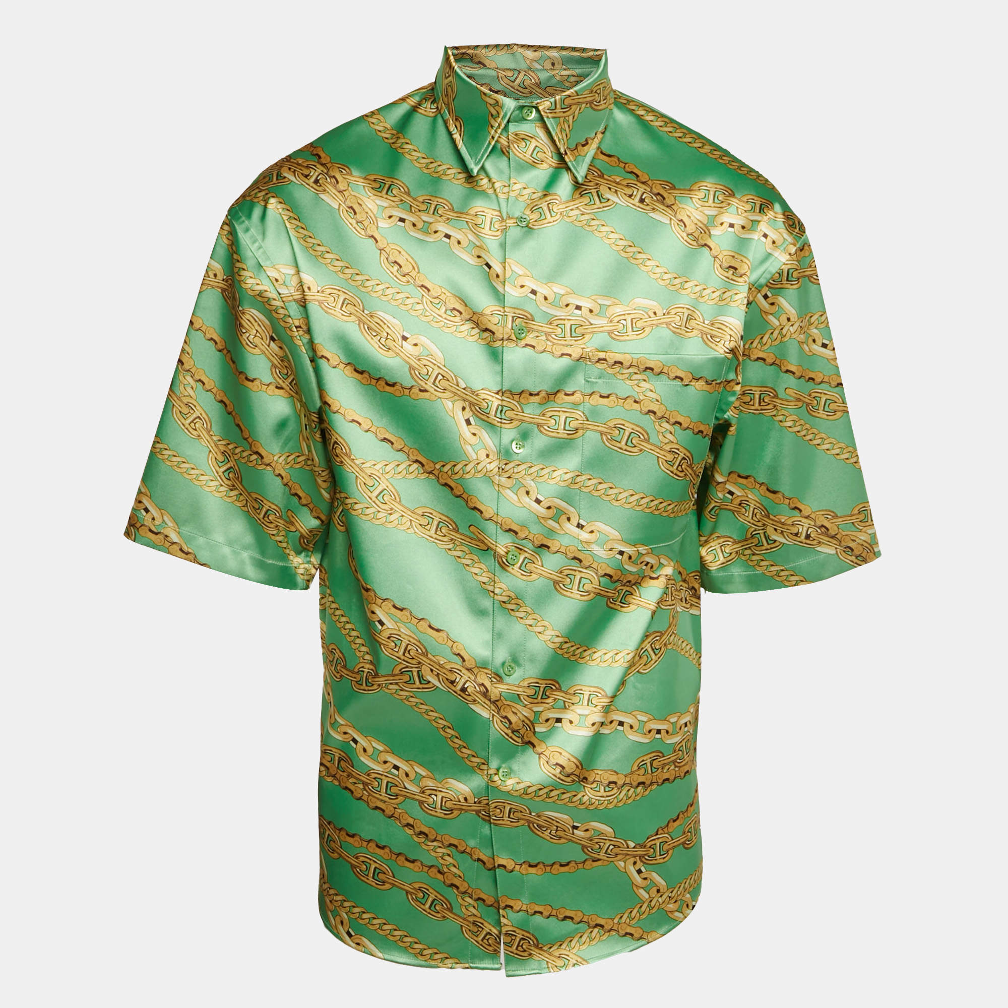 Balenciaga Green Chain Print Satin Short Sleeve Oversized Shirt XS