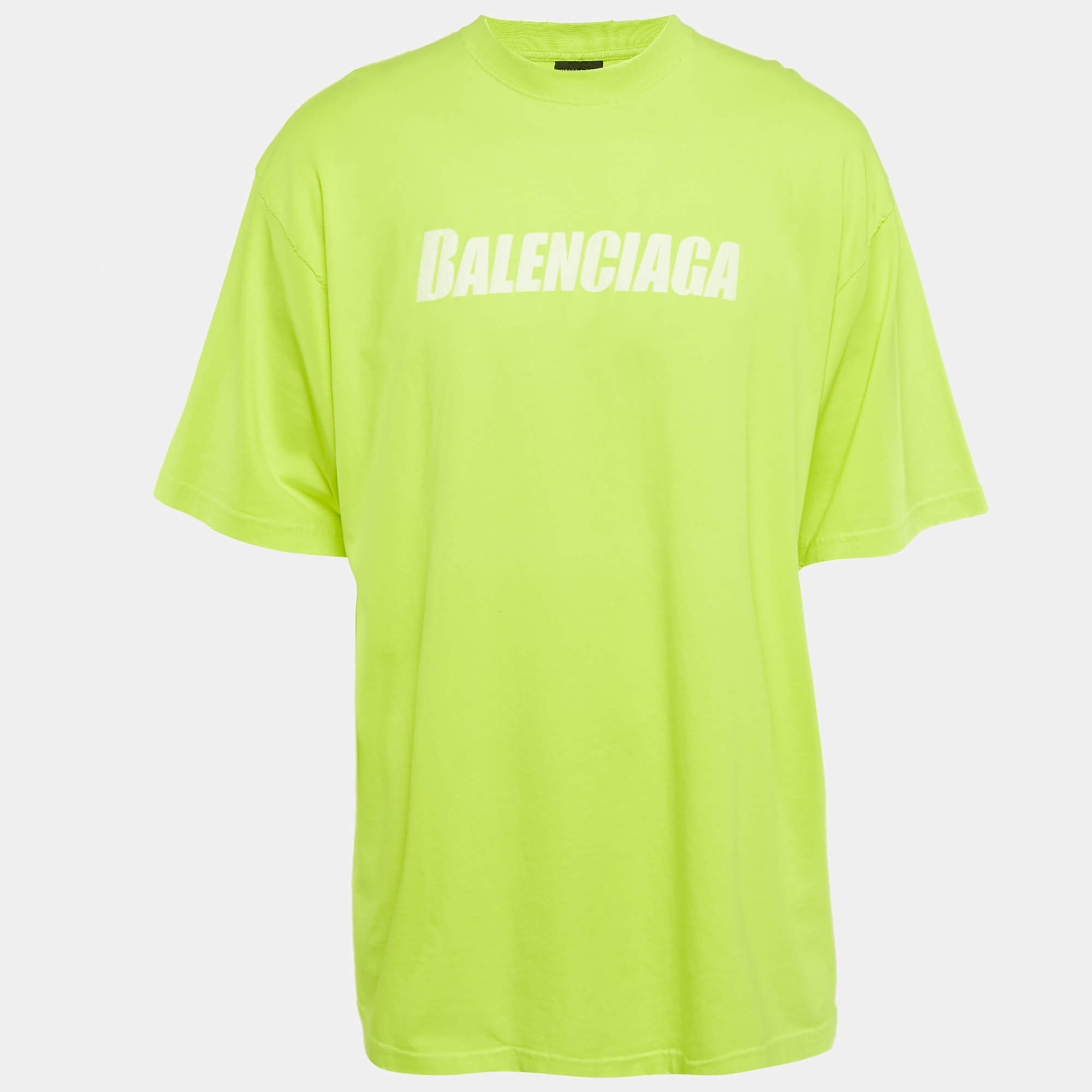 Pre Owned Balenciaga Florescent Yellow Logo Print Cotton Oversized Unisex T-Shirt M 