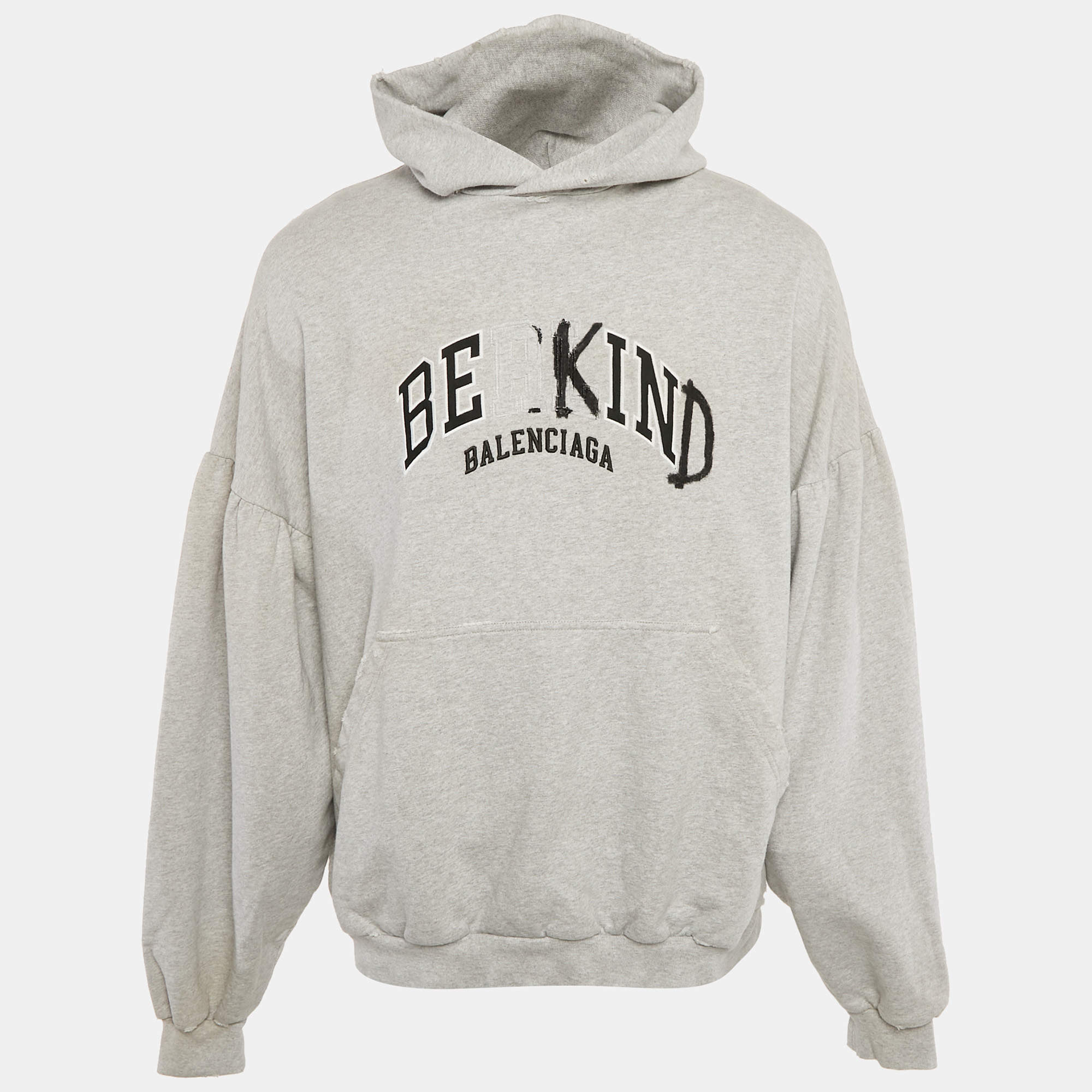 Pre Owned Balenciaga Unisex Grey Distressed Cotton Be Kind Oversized Hoodie XS