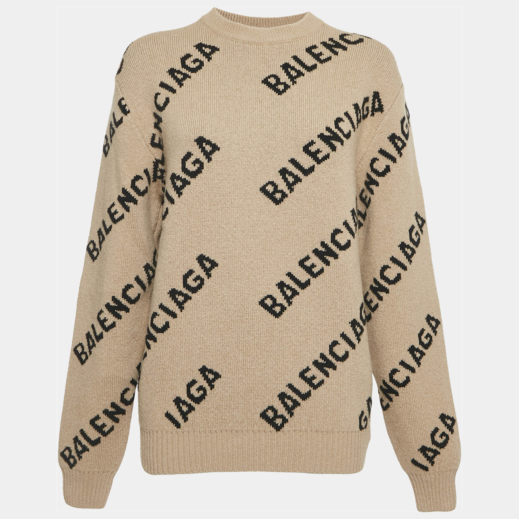 Balenciaga Beige Monogram Jacquard Wool Knit Crew Neck Sweater XS