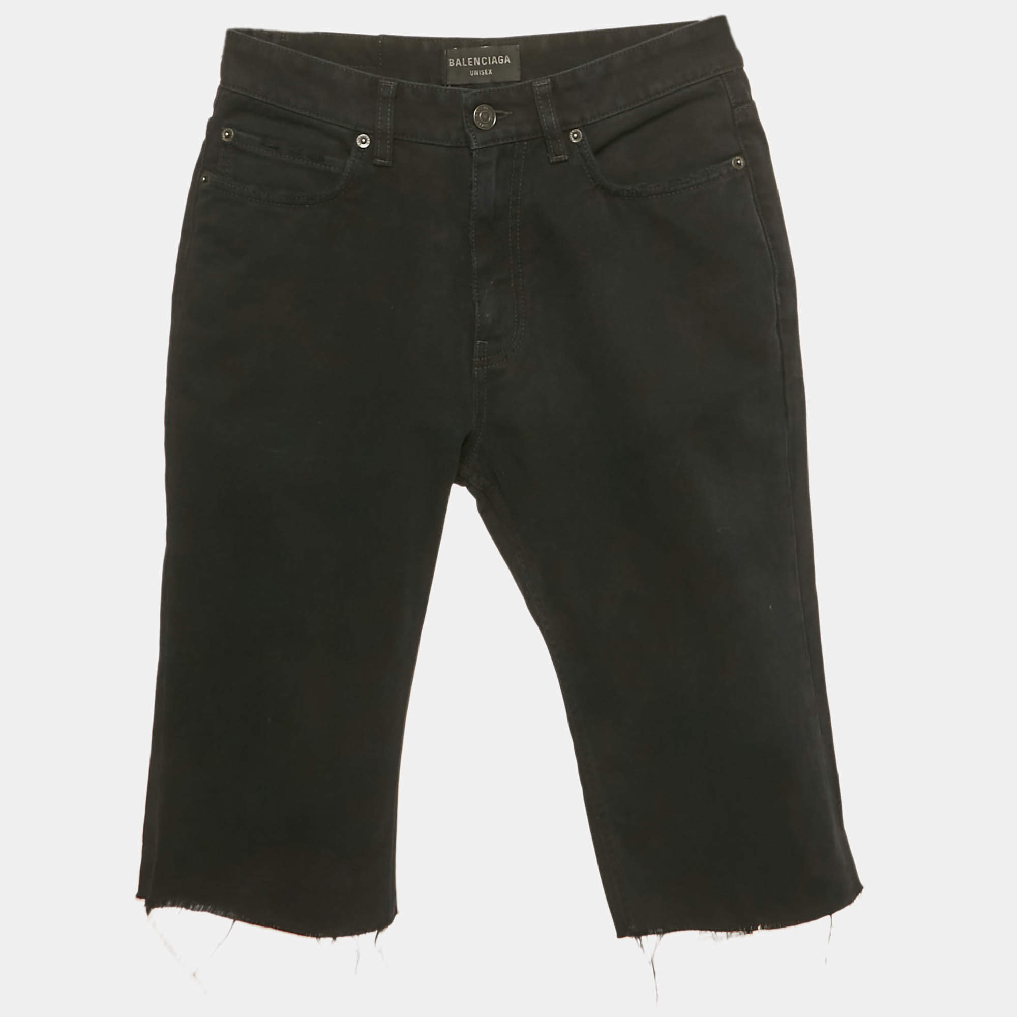 Pre Owned Balenciaga Unisex Black Denim Raw Edge Shorts M Waist 29"