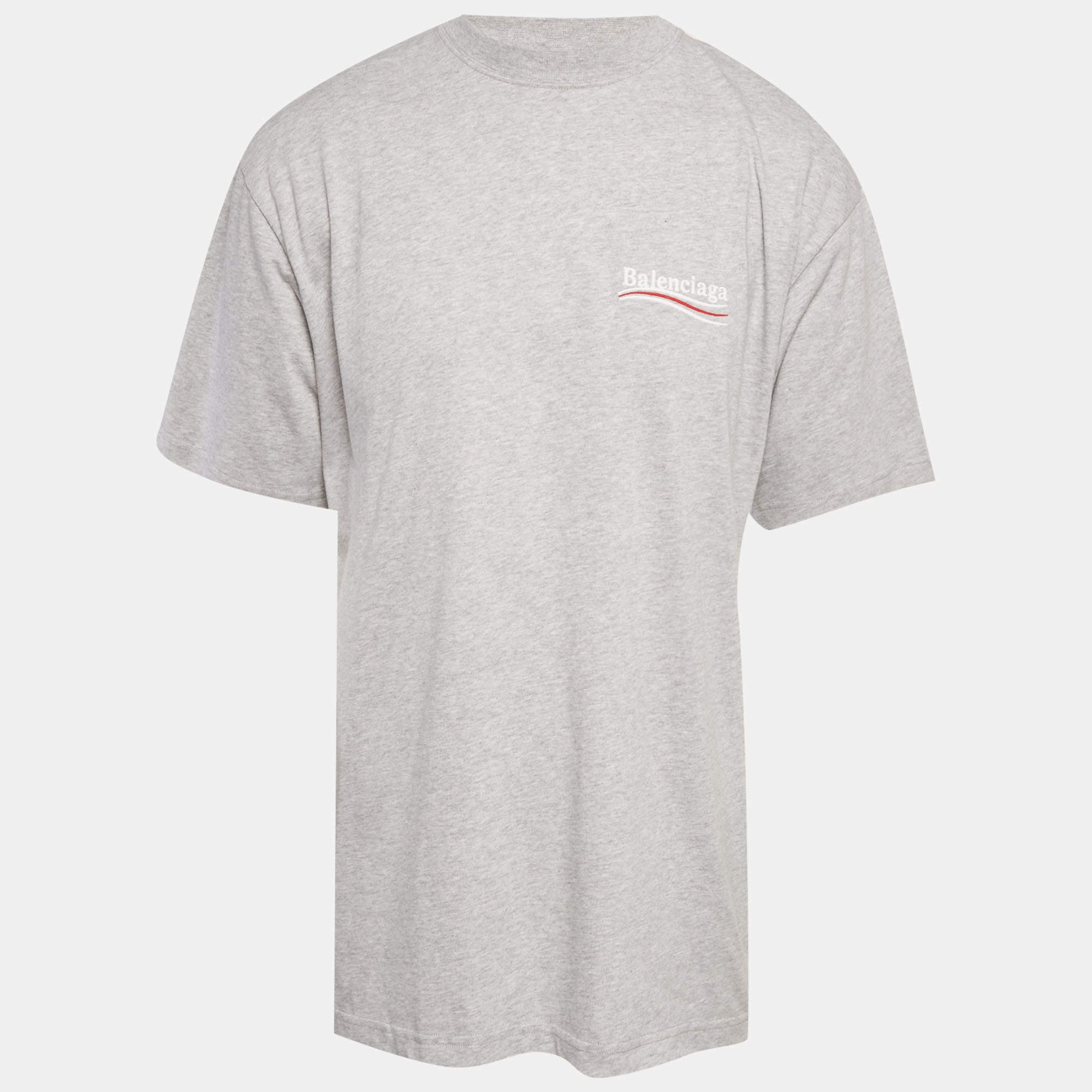 Pre Owned تي شيرت بالنسياغا رمادي مطرز بشعار قطن بنمط واسع مقاس صغير