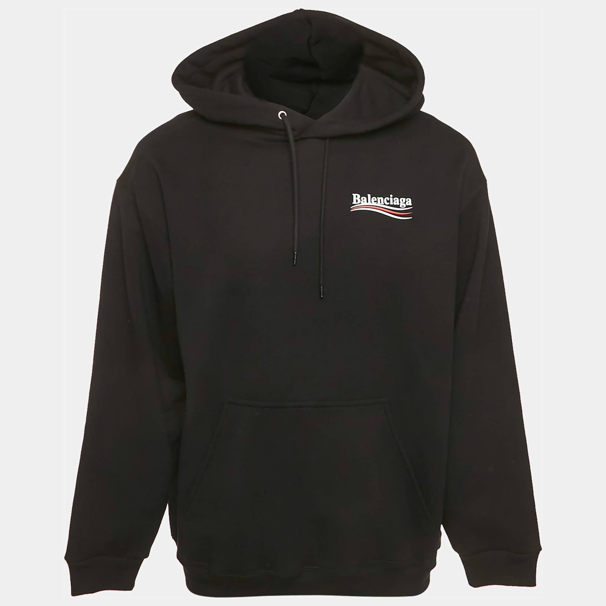 Pre Owned هودي بالنسياغا قطن مطبوع عليه شعار أسود كبير جدًا<|disc_score|>1