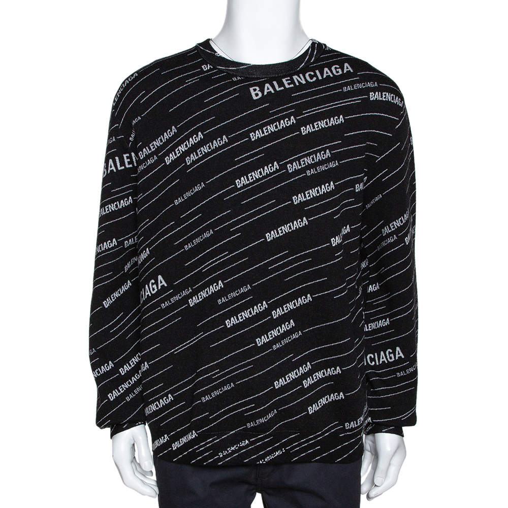 Pre Owned Balenciaga Monochrome Logo Jacquard Wool Crew Neck Sweater M