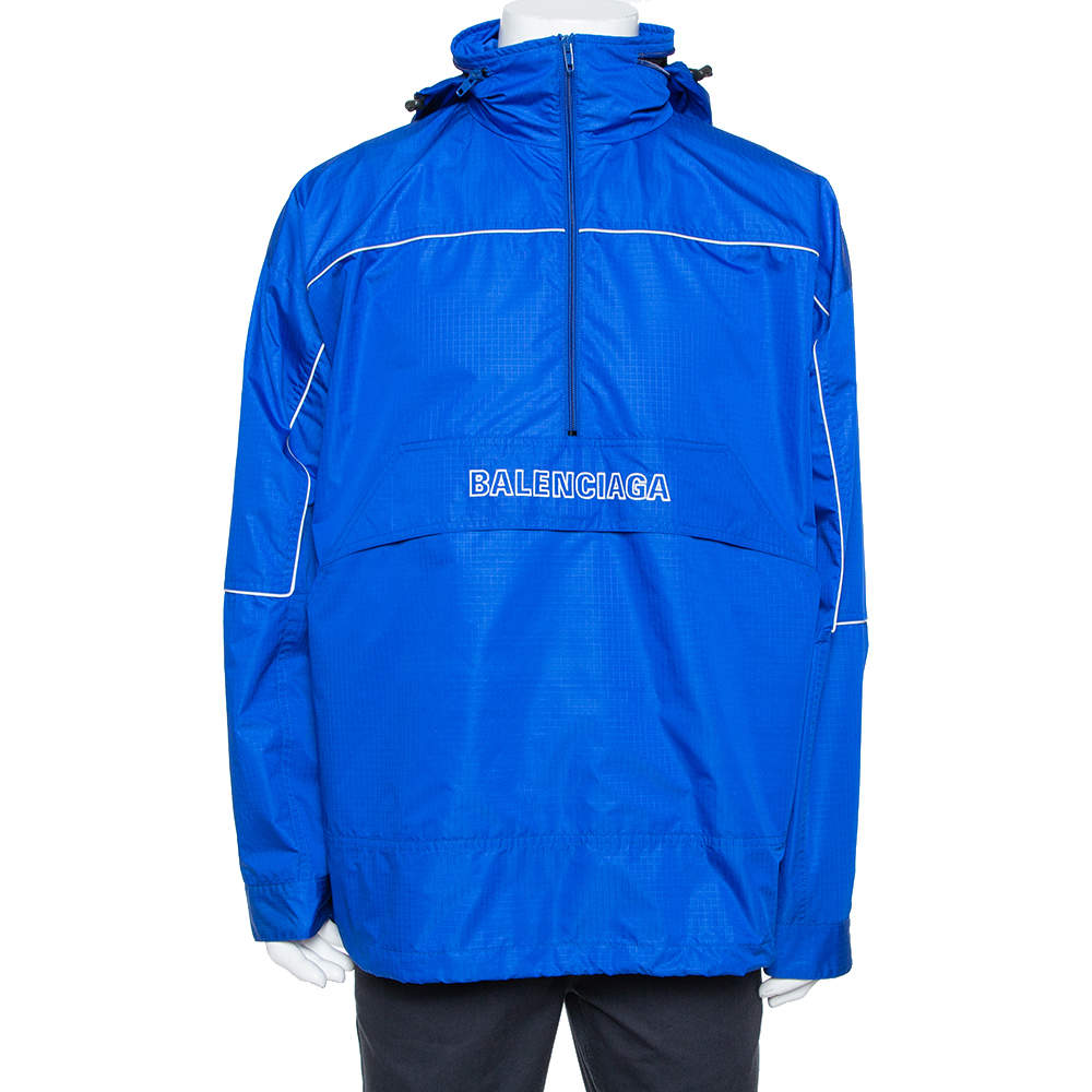 Pre Owned Balenciaga Blue Synthetic Logo Embroidered Oversized Wind Breaker Hoodie XS