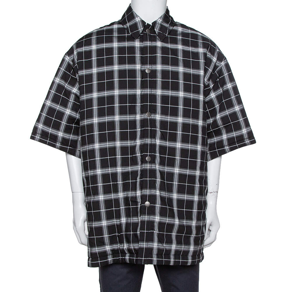 Pre Owned Balenciaga Monochrome Plaid Quilted Detail Oversized Short Sleeve Shirt S