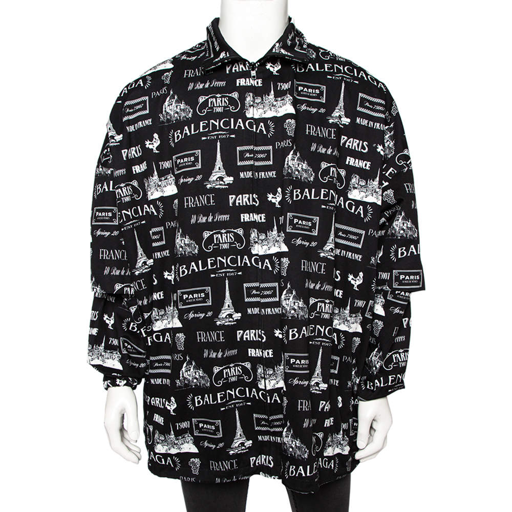 Pre Owned Balenciaga Black Cotton Graphic Logo Printed Jacket M