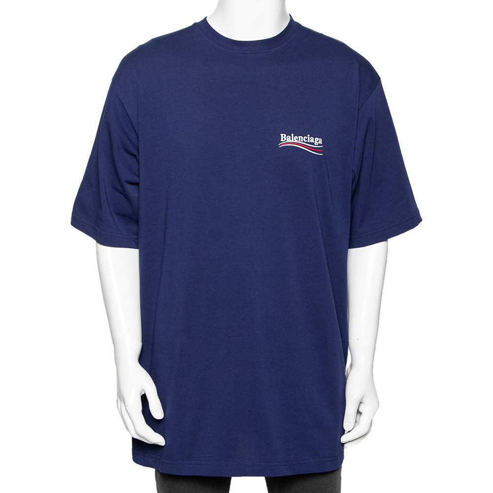 مملوكة مسبقًا Balenciaga Blue Cotton Logo Embroidered Oversized T-Shirt M