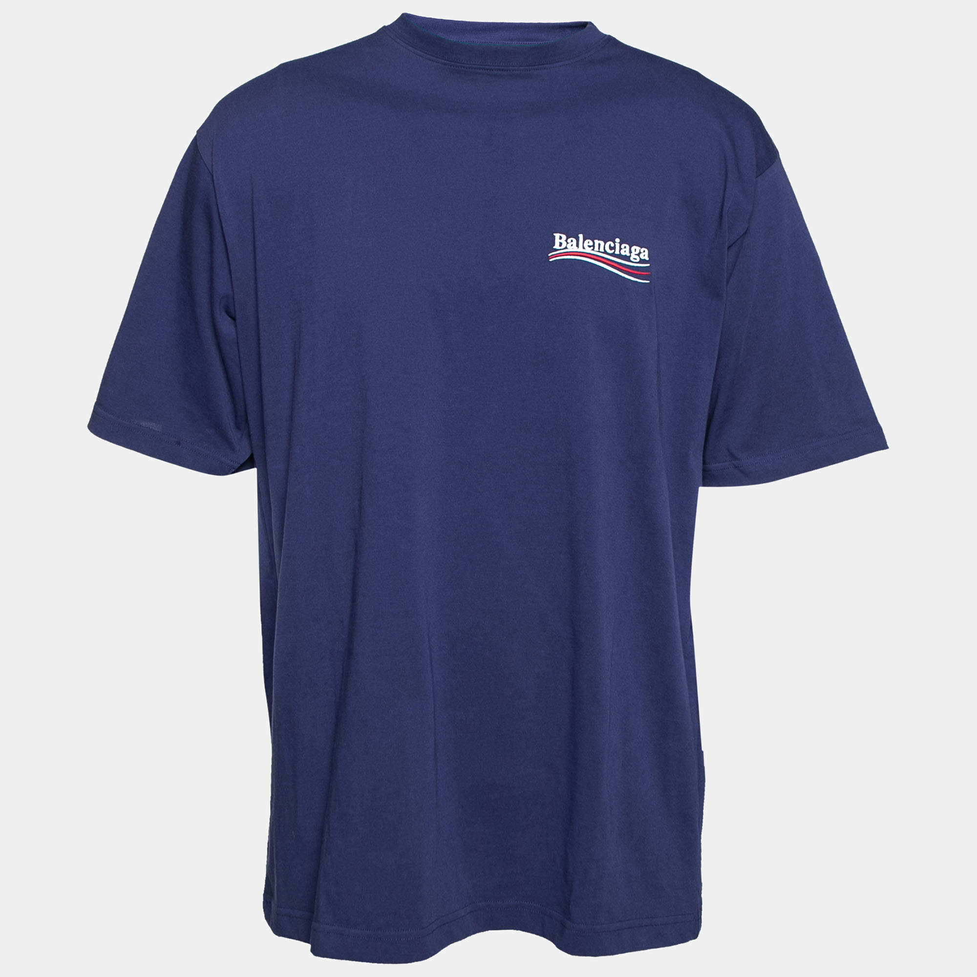 Balenciaga Blue Cotton Logo Embroidered Crew Neck T-Shirt S