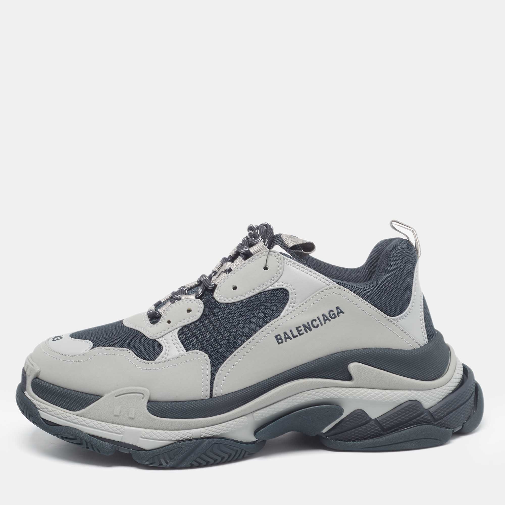 Pre Owned Balenciaga Grey/Blue Faux Leather and Mesh Triple S Sneakers Size 43