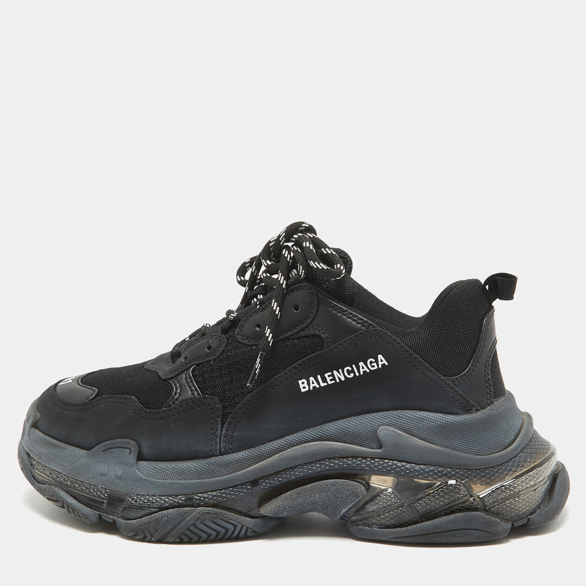 مملوكة مسبقًا Balenciaga Black Faux Leather and Mesh Triple S Clear Sole Sneakers Size 41