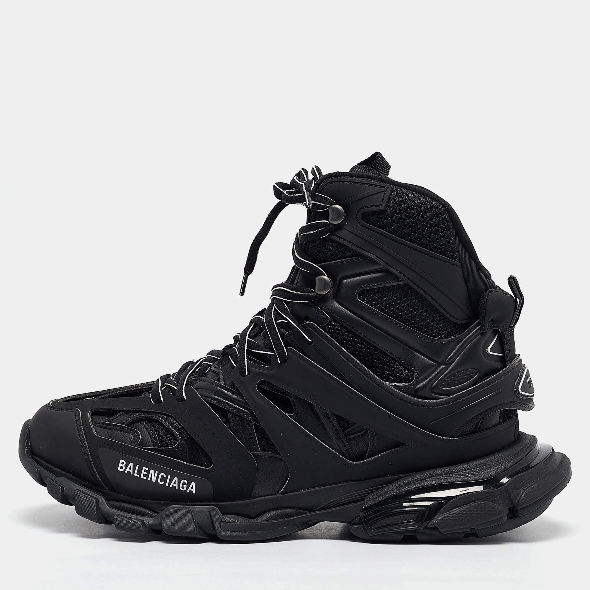 Pre Owned Balenciaga Black Mesh and Faux Leather Track Hike High Top Sneakers Size 43