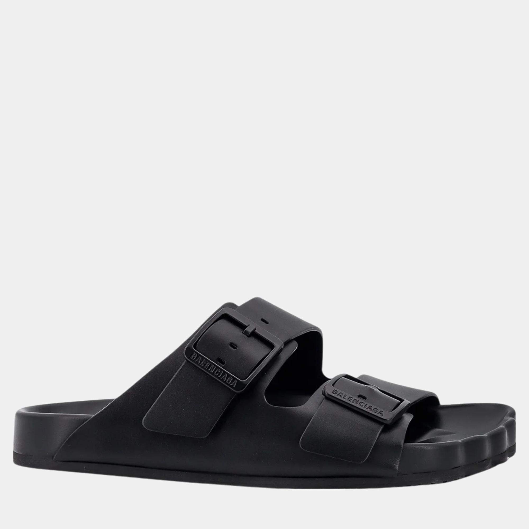  Balenciaga Black Leather Sunday Slide Sandals  EU 44