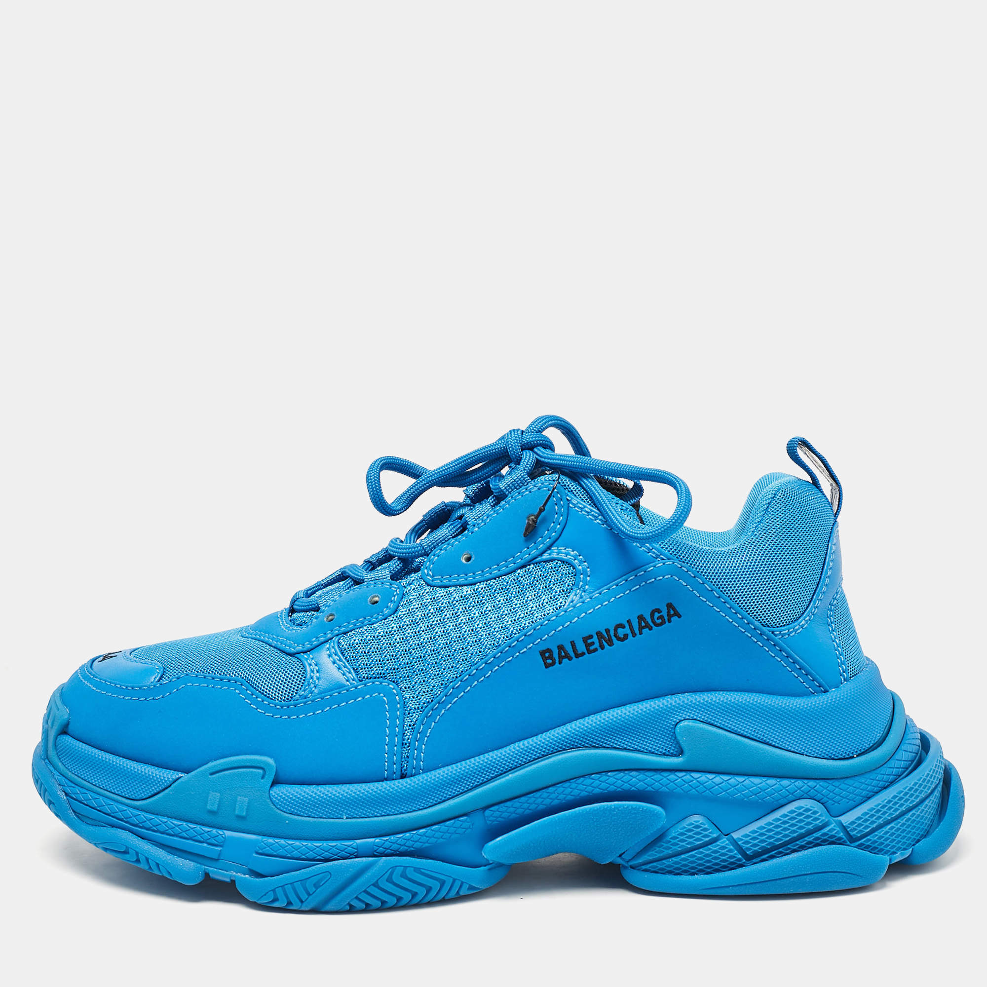 Balenciaga Blue Faux Leather and Mesh Triple S Sneakers Size 44