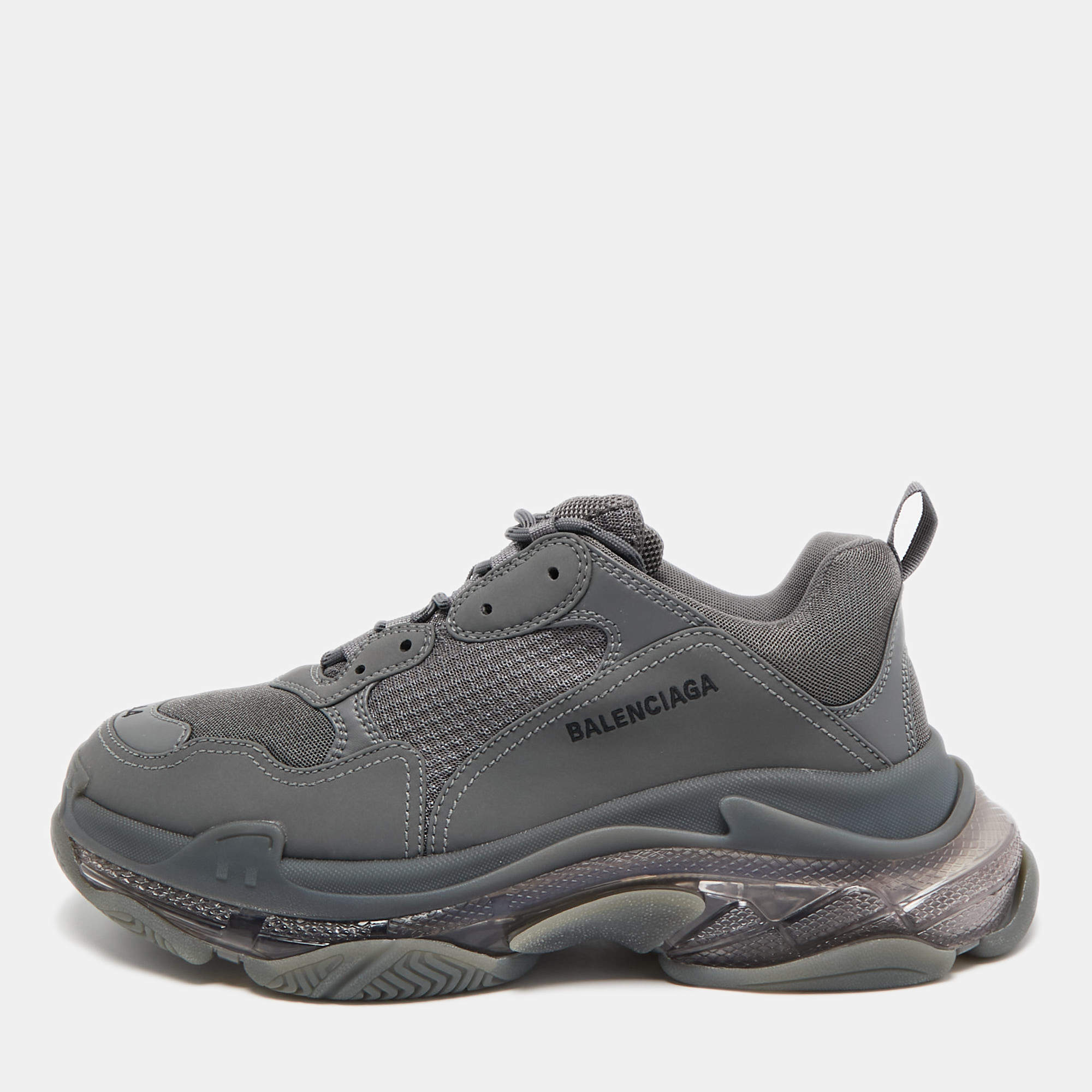 Balenciaga Grey Faux Leather and Mesh Triple S Clear Sole Sneakers Size 44