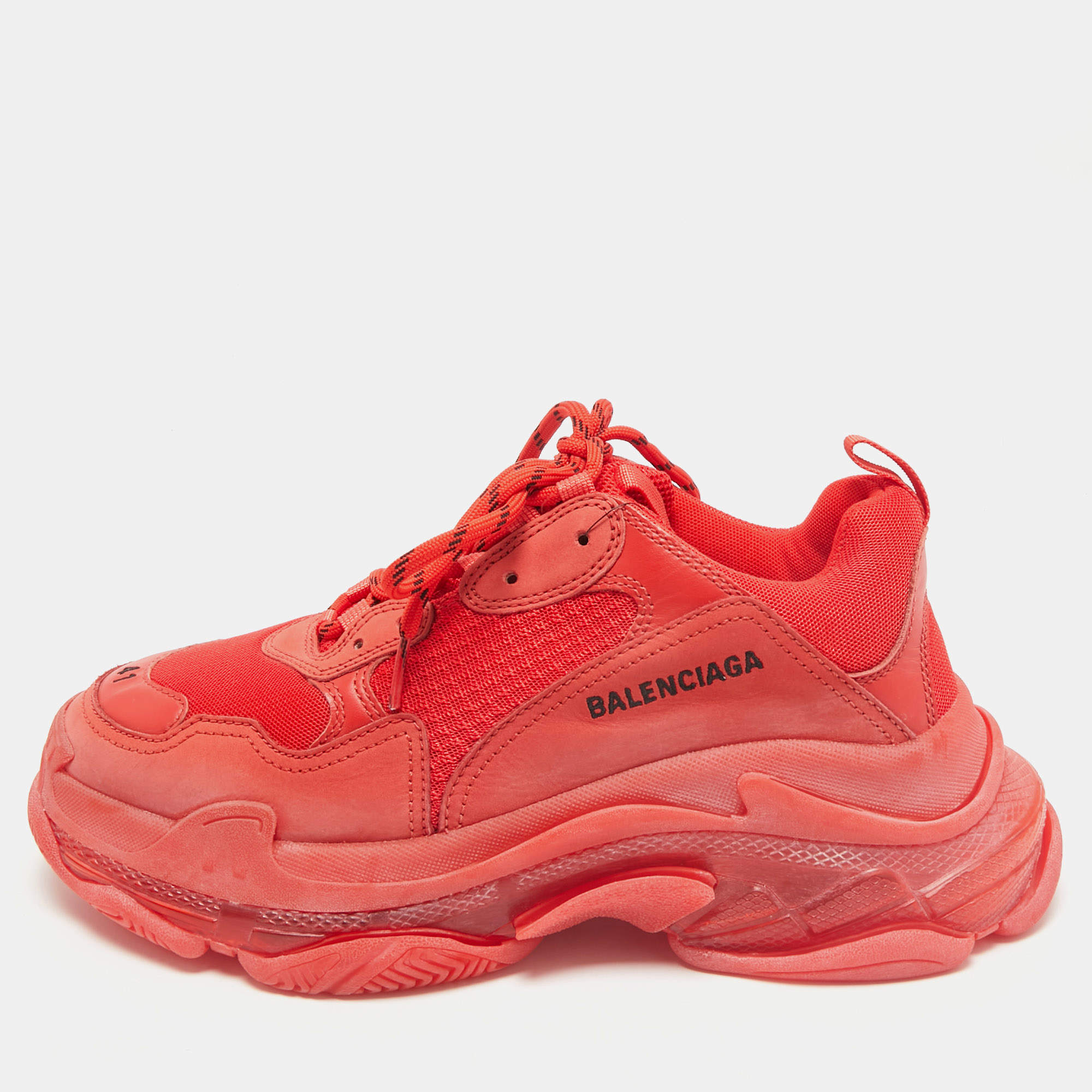 Pre Owned Balenciaga Red Leather and Mesh Triple S Clear Sole Sneakers Size 41