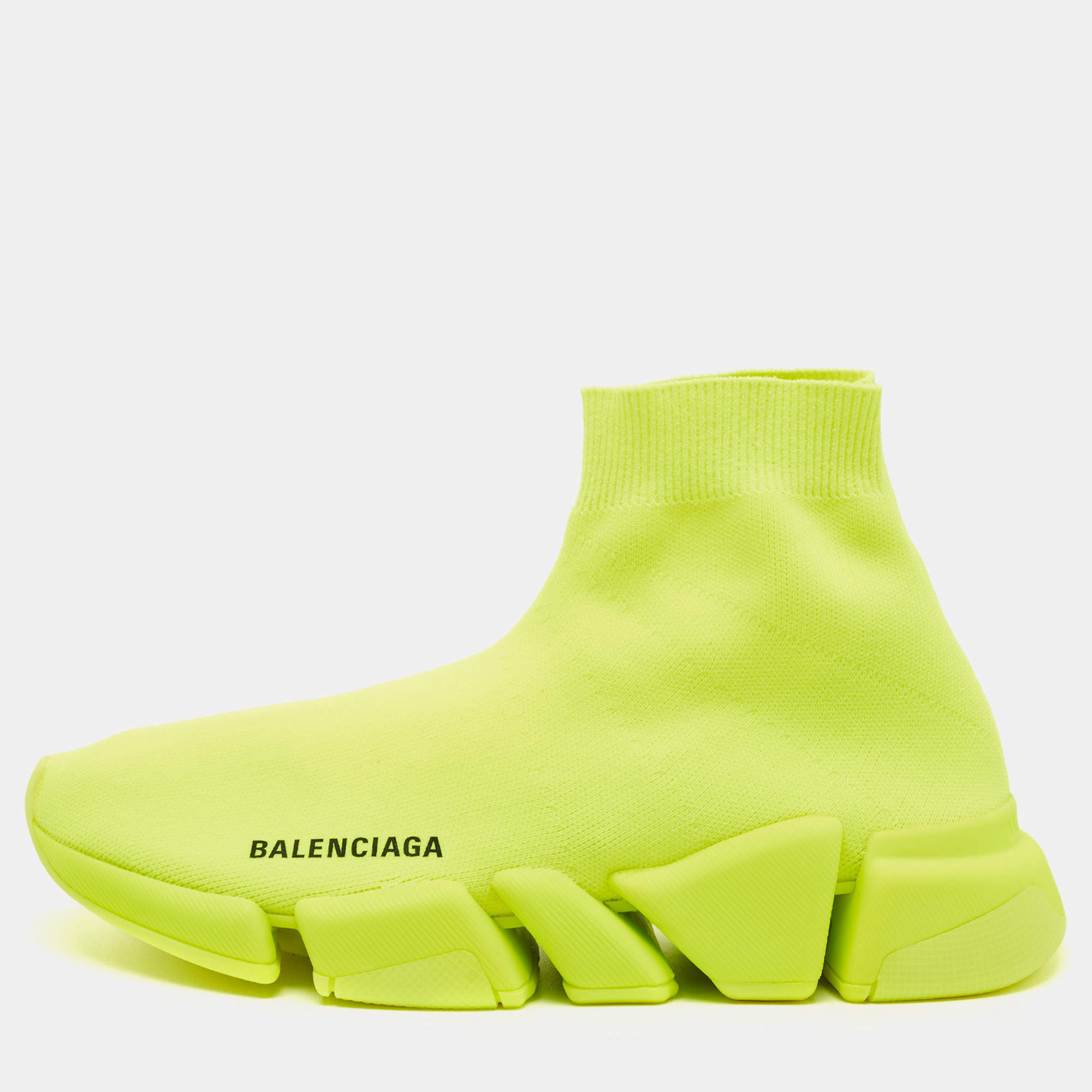 Pre Owned Balenciaga Neon Yellow Knit Fabric Speed 2.0 Sneakers Size 38