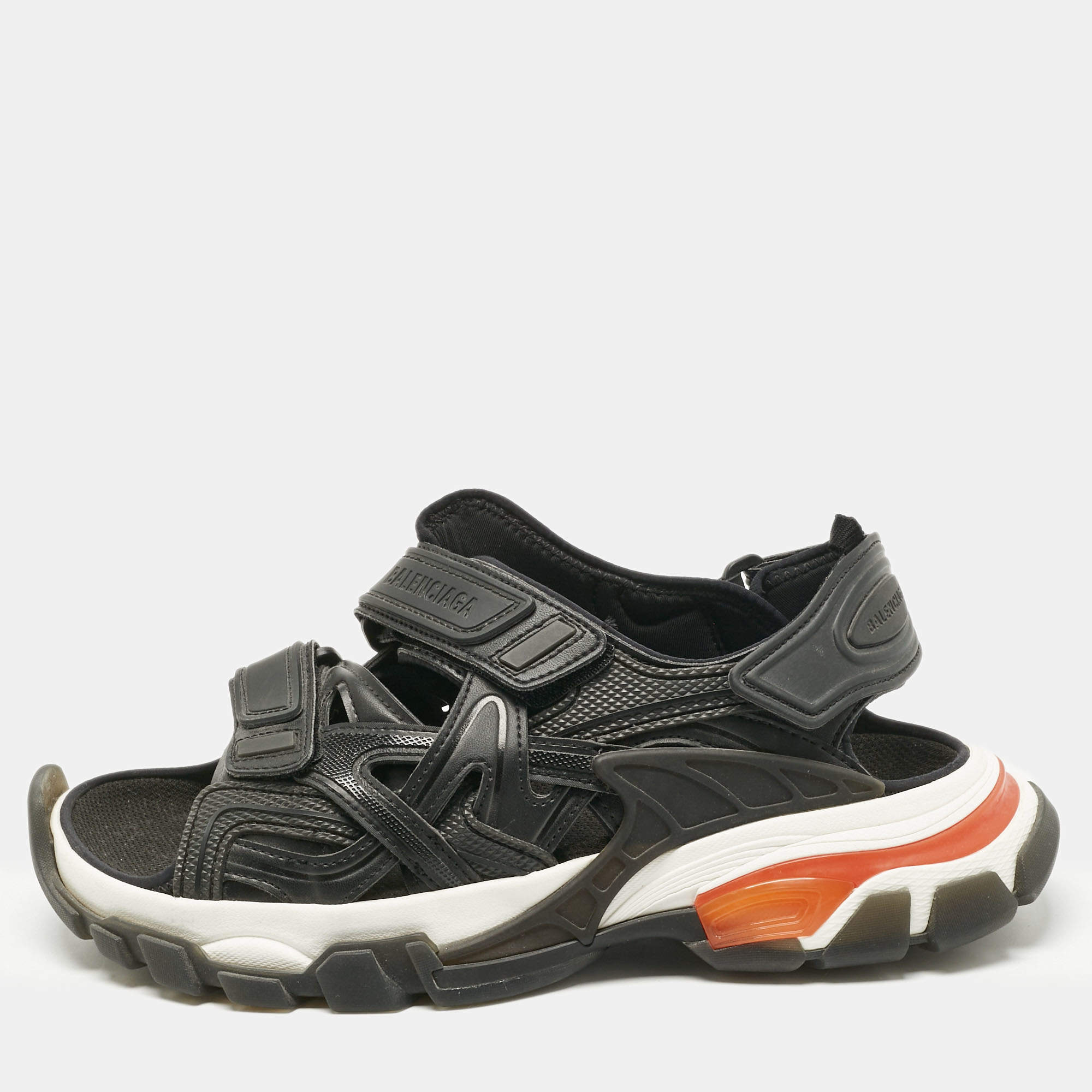 Pre Owned Balenciaga Black Faux Leather and Rubber Track Flat Sandals Size 39