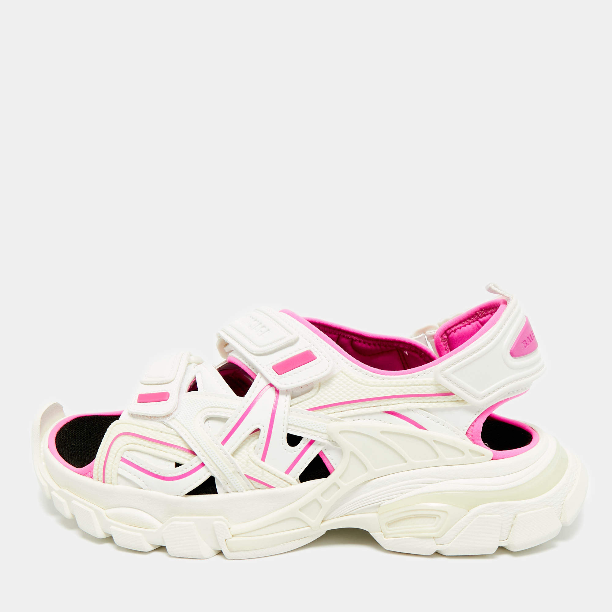 Pre Owned Balenciaga Track Size 38 White/Pink Faux Leather and Rubber Flat Sandals