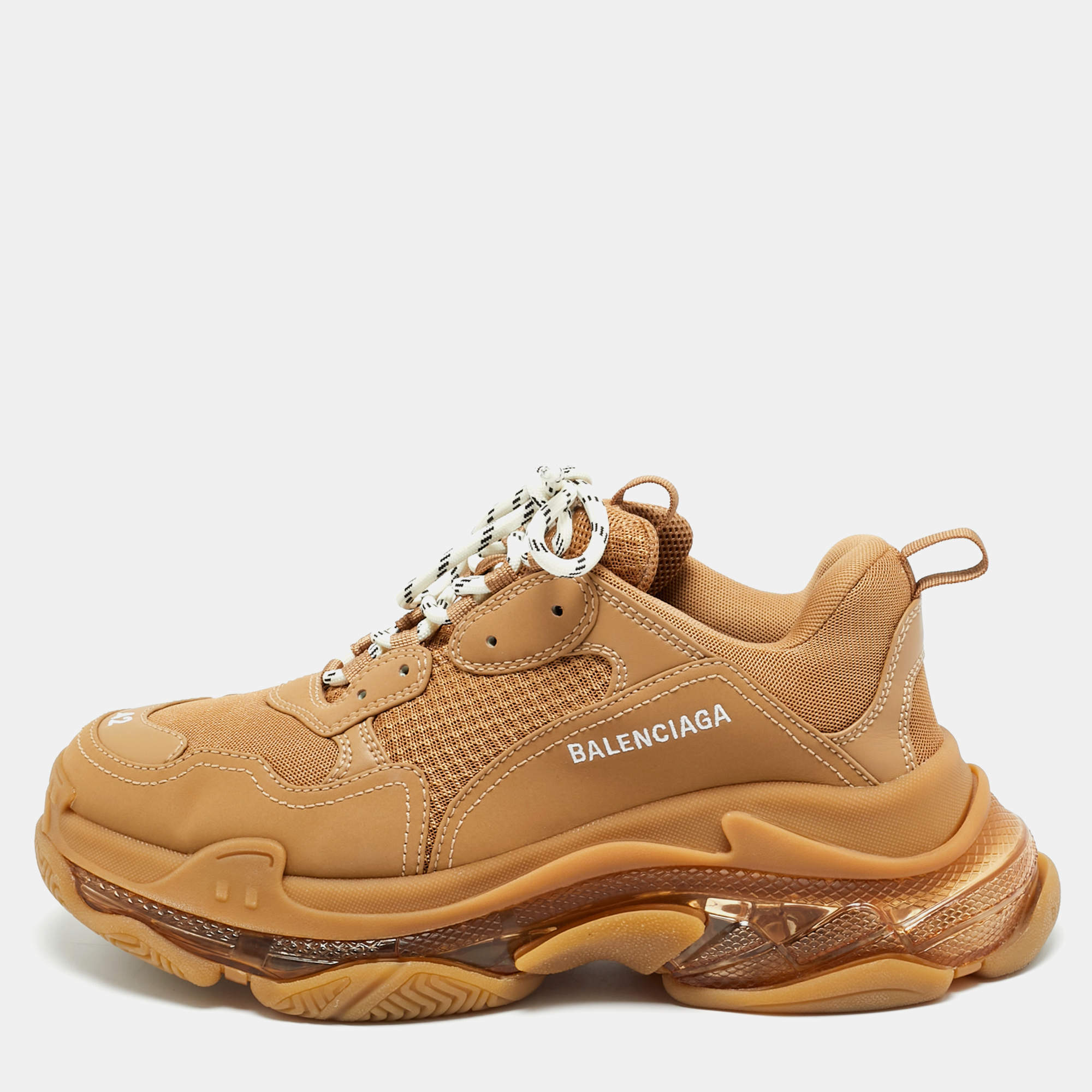 Pre Owned Balenciaga Triple S Size 42 Brown Faux Leather and Mesh Lace Up Sneakers