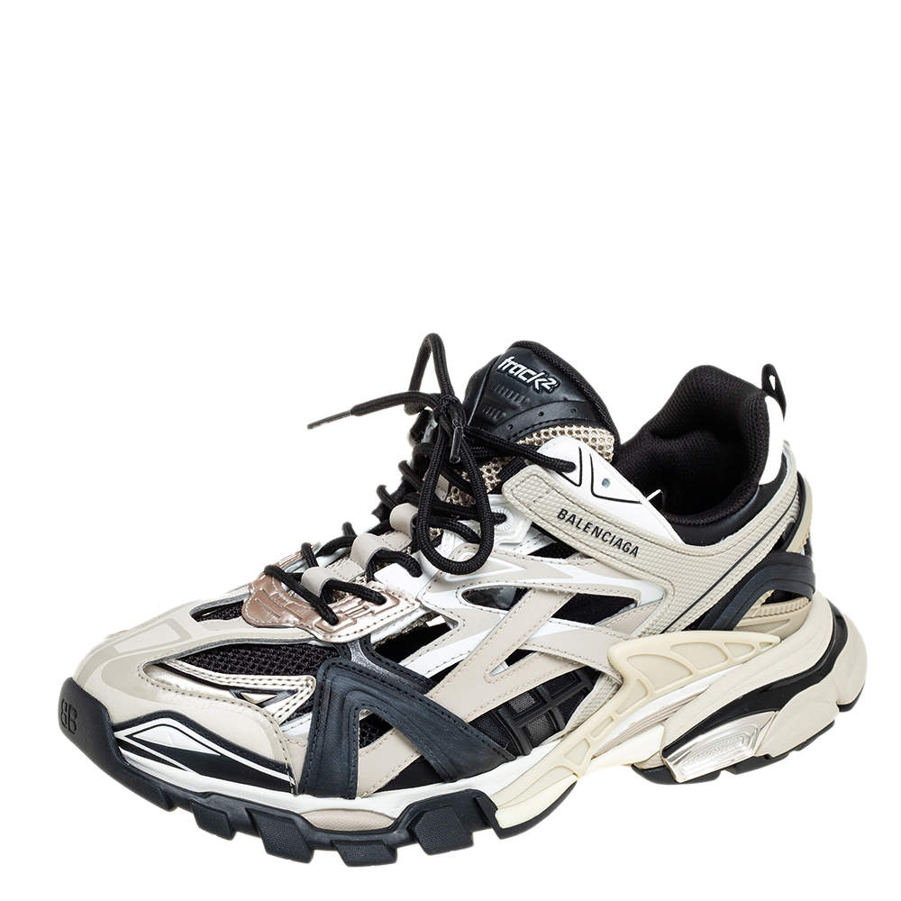Pre Owned Balenciaga Beige/Black Mesh And Leather Track Sneakers Size 45